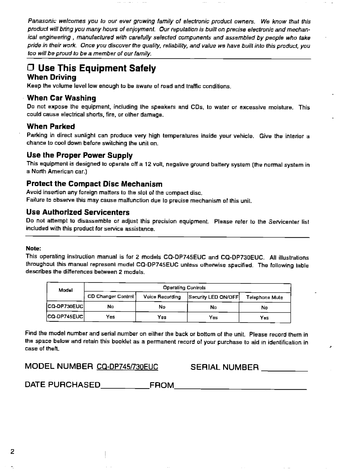 Panasonic CQ-DP745, CQ-730EUC manual 