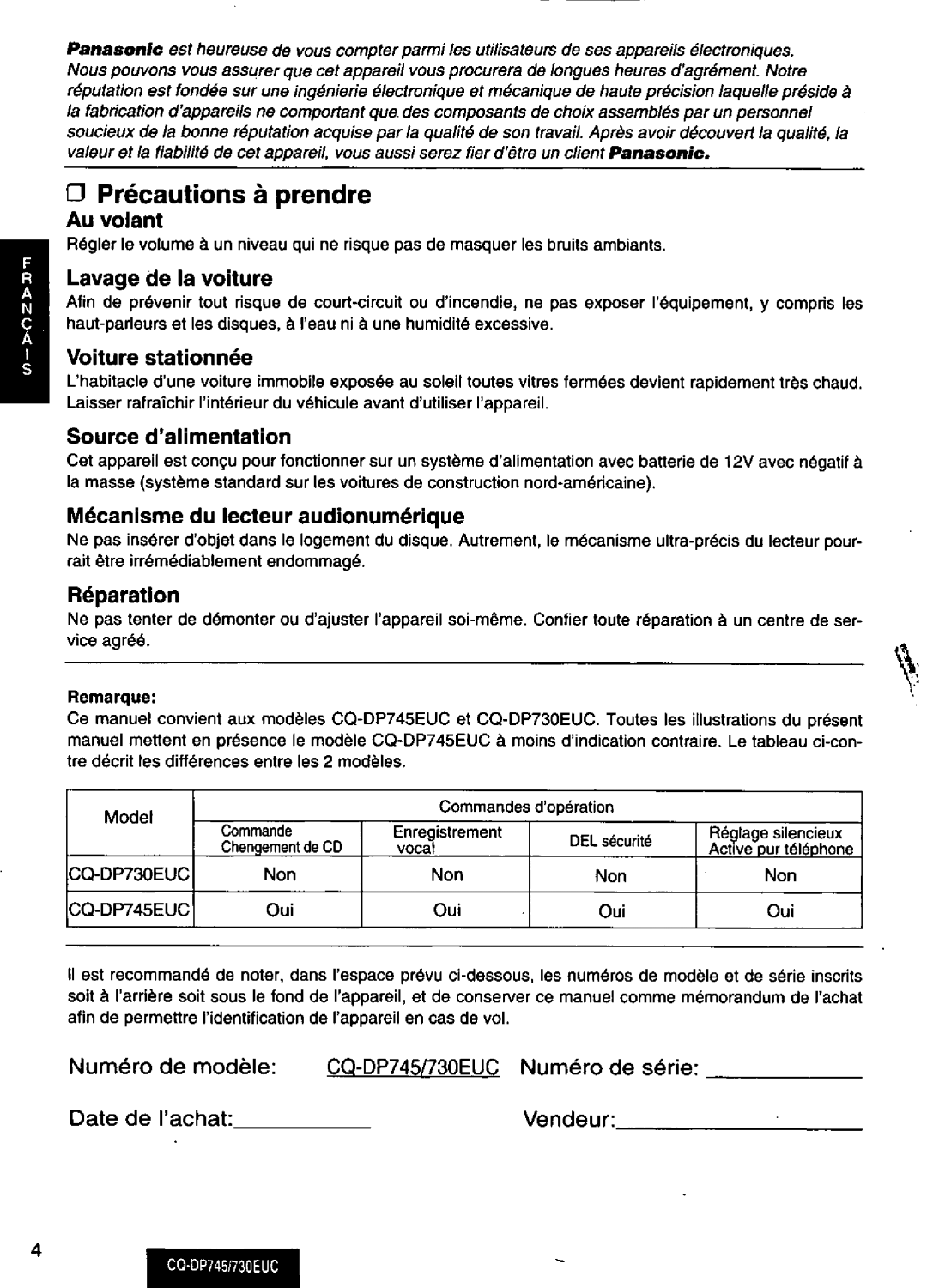 Panasonic CQ-DP745, CQ-730EUC manual 