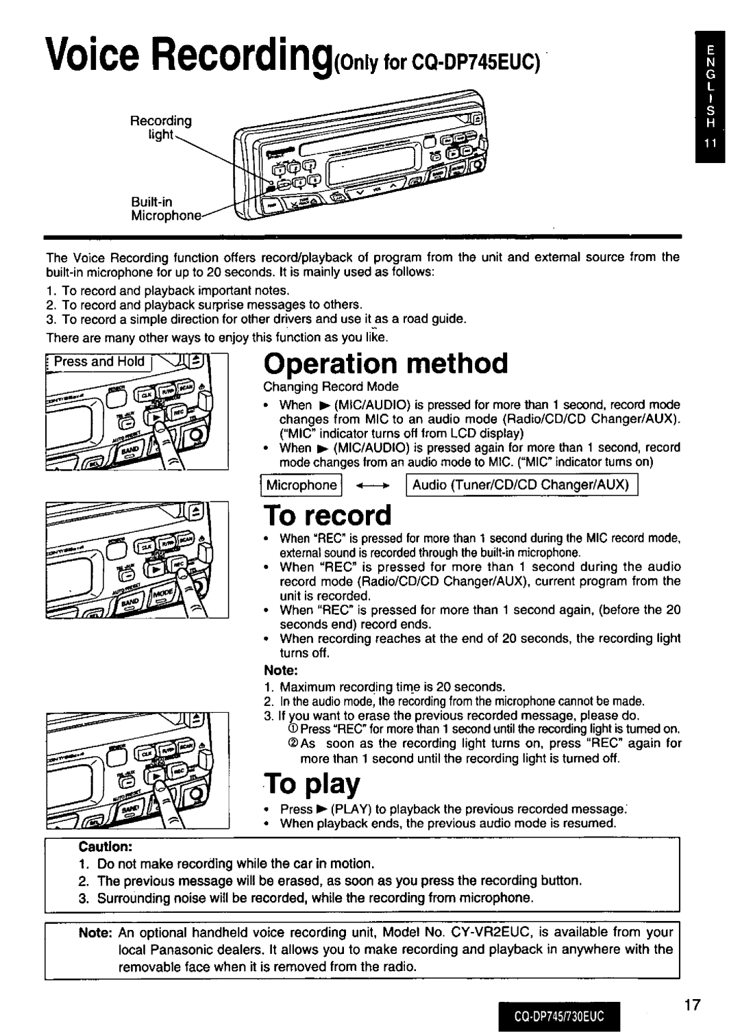 Panasonic CQ-730EUC, CQ-DP745 manual 