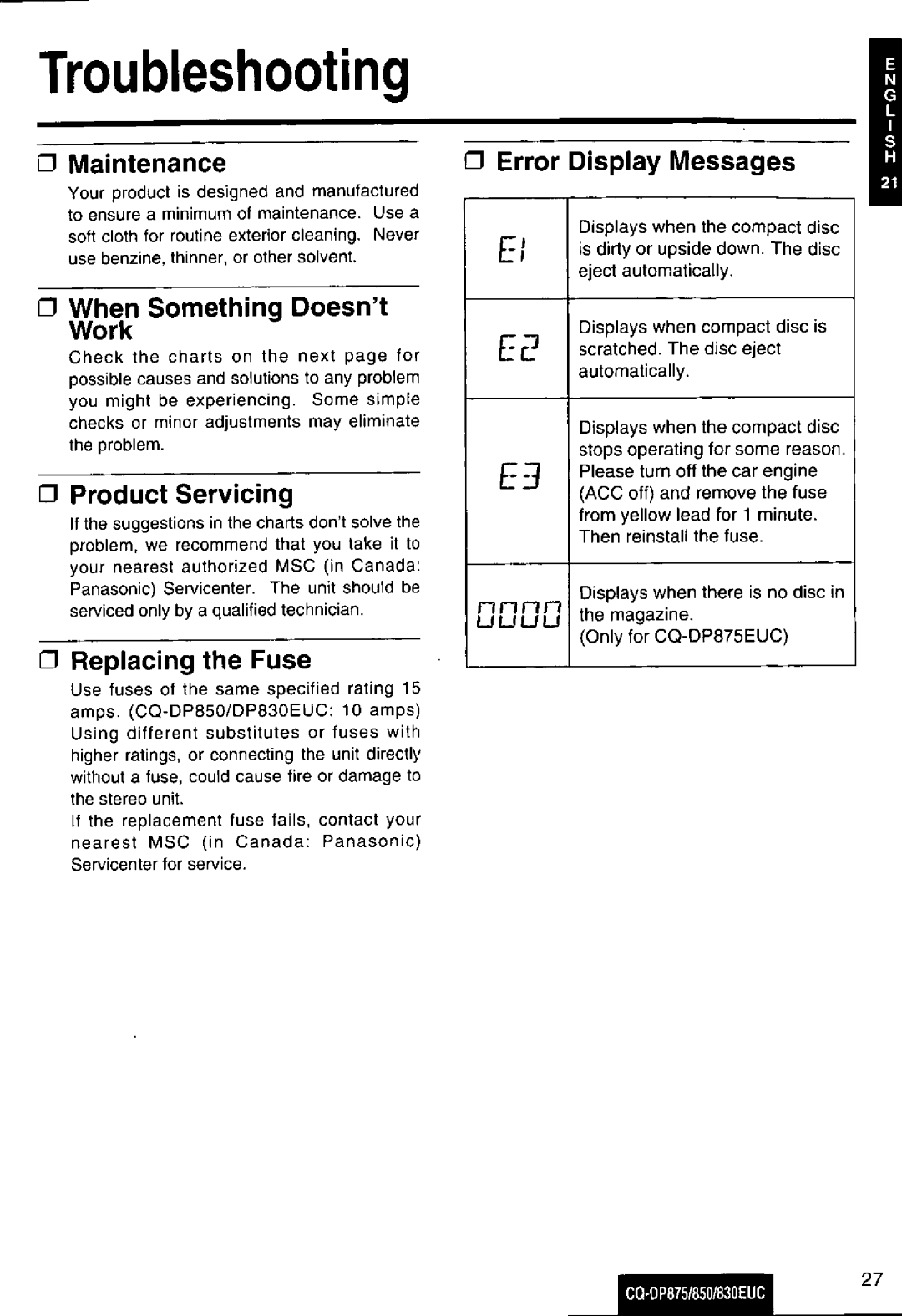 Panasonic CQ-DP875, DP850, DP830EUC manual 