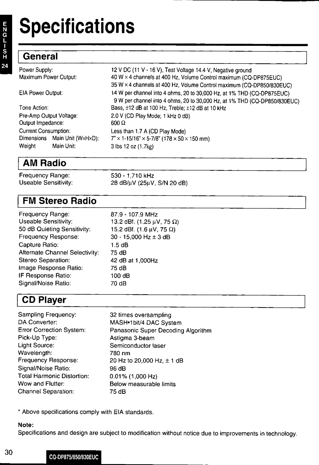 Panasonic CQ-DP875, DP850, DP830EUC manual 