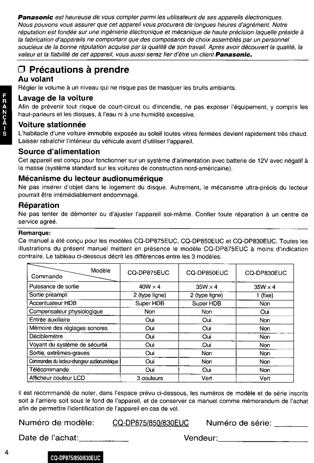 Panasonic DP850, CQ-DP875, DP830EUC manual 