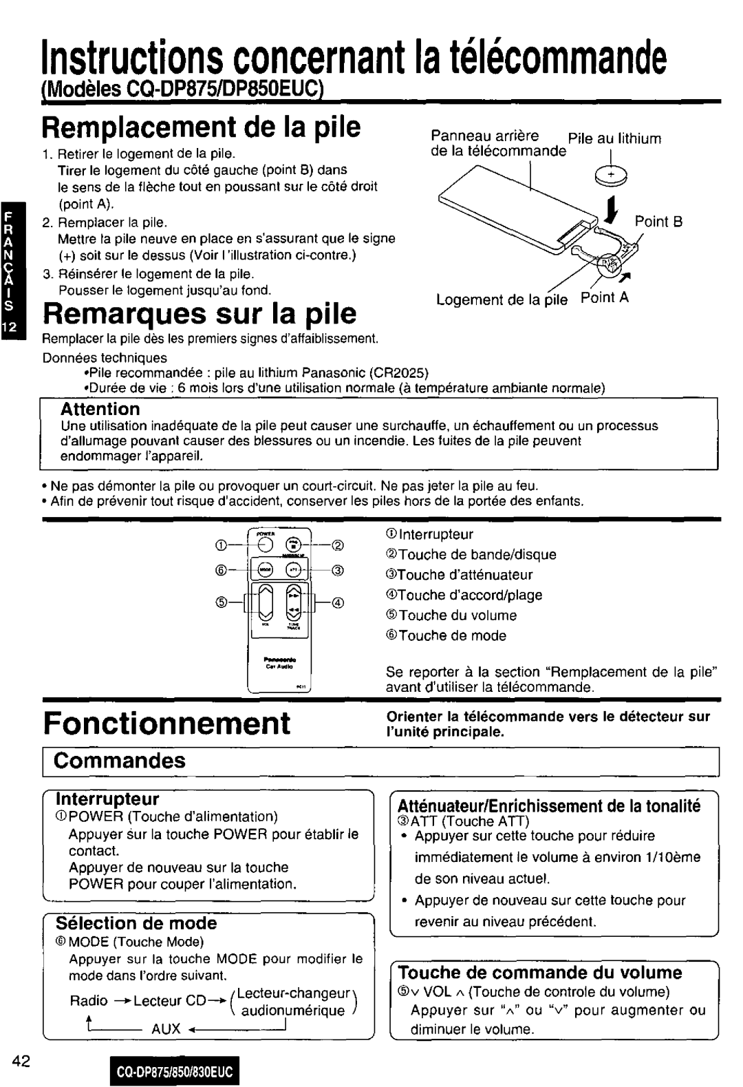 Panasonic CQ-DP875, DP850, DP830EUC manual 
