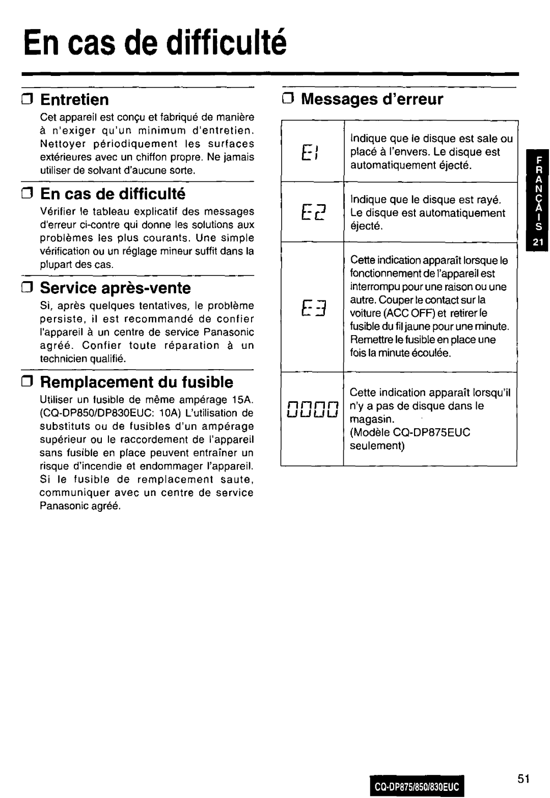 Panasonic CQ-DP875, DP850, DP830EUC manual 