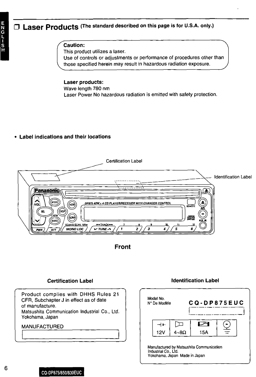 Panasonic CQ-DP875, DP850, DP830EUC manual 