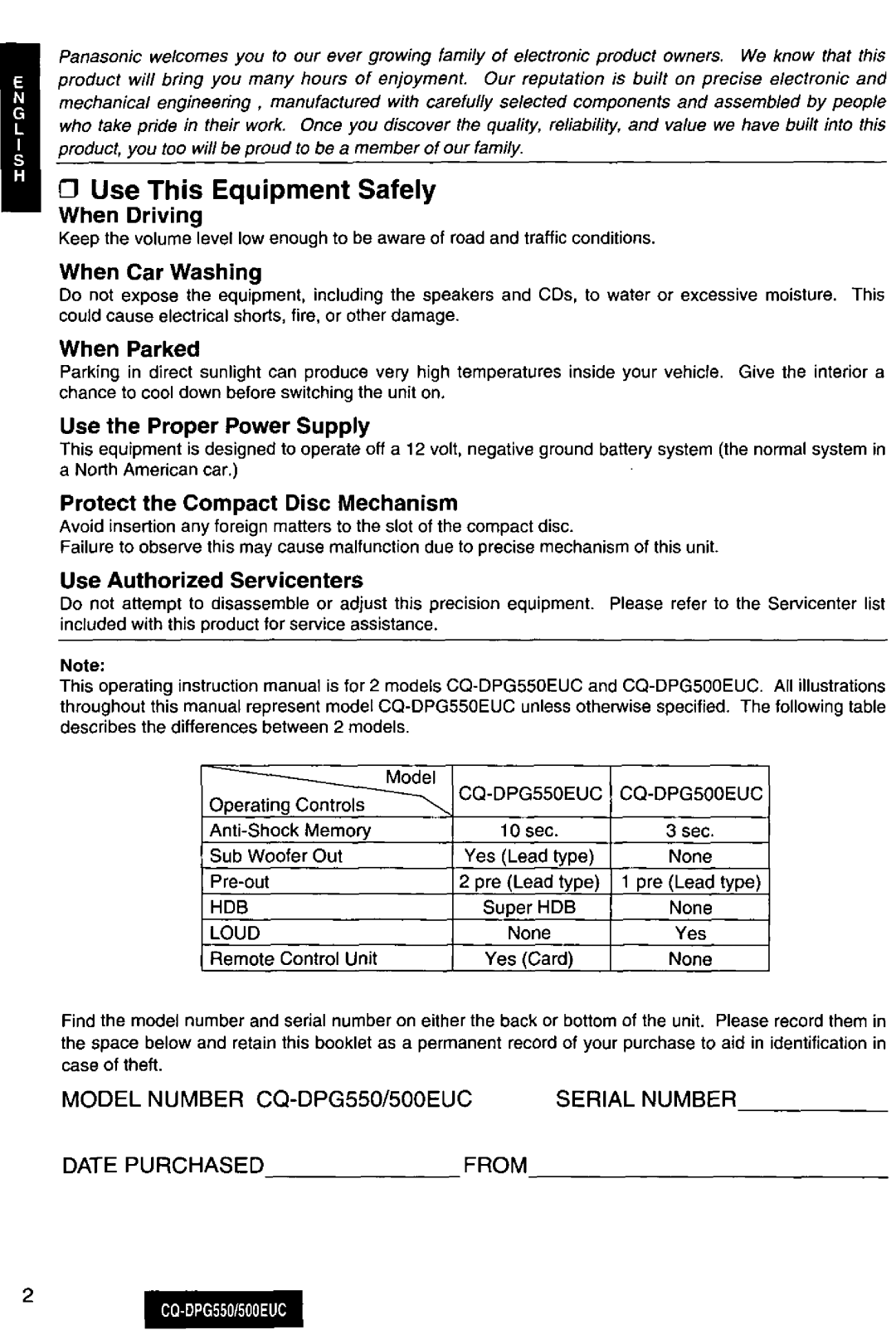 Panasonic CQ-DPG550, DPG500EUC manual 