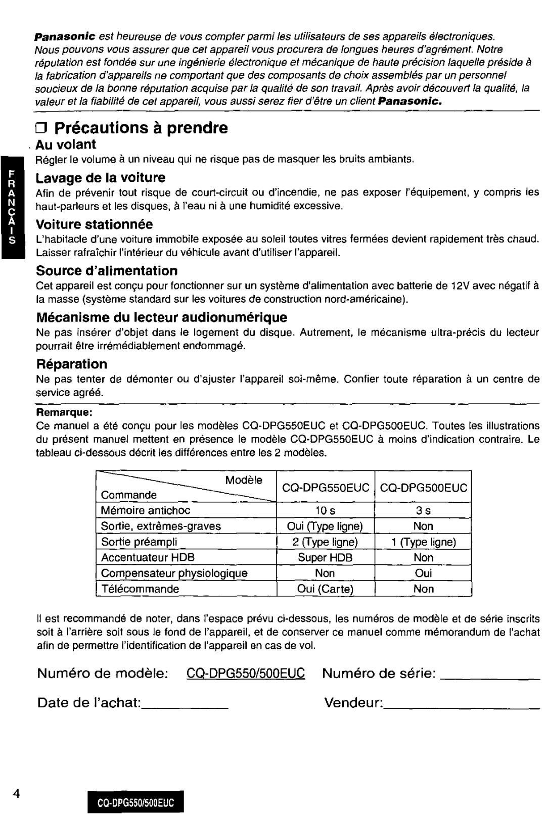 Panasonic CQ-DPG550, DPG500EUC manual 