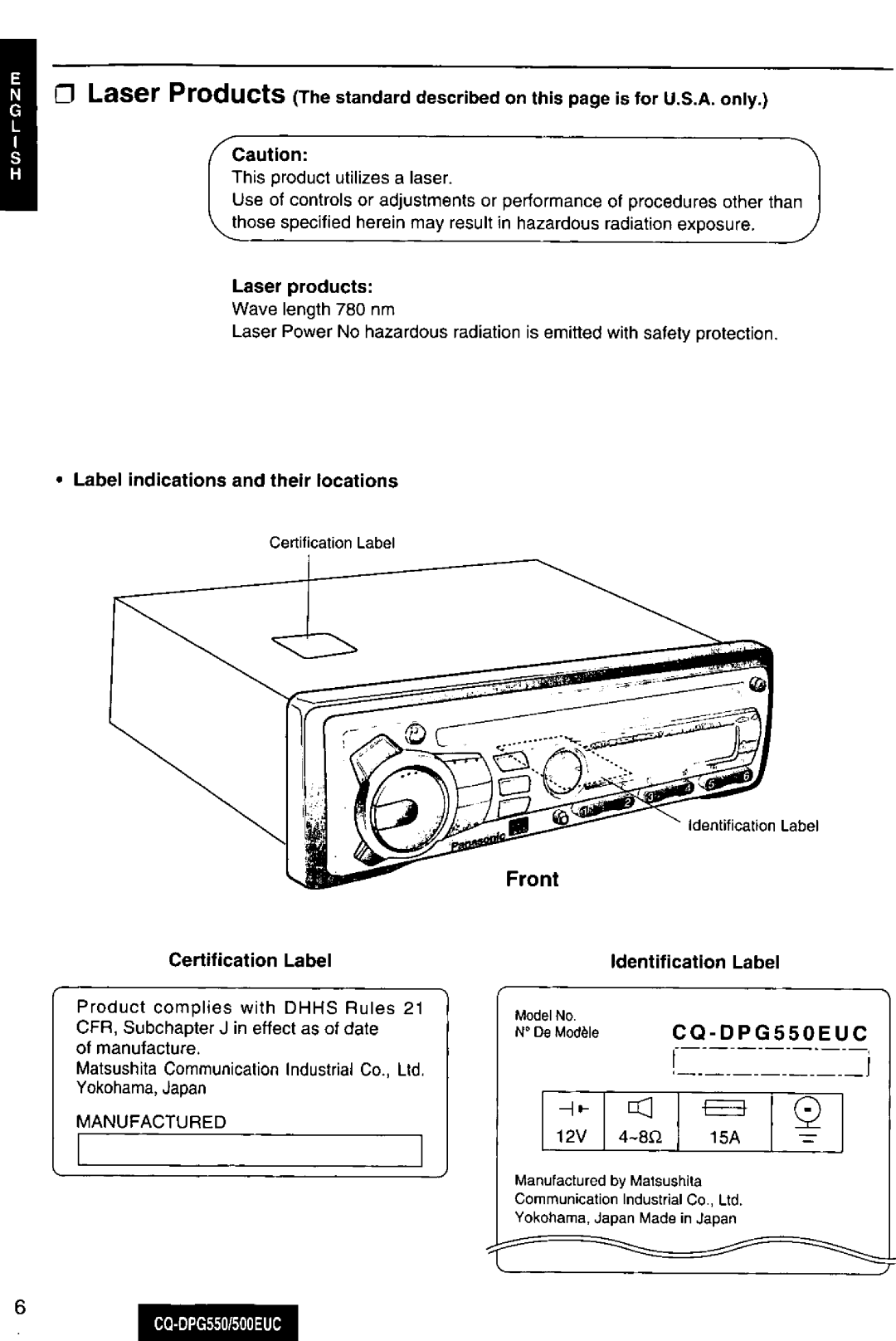 Panasonic CQ-DPG550, DPG500EUC manual 