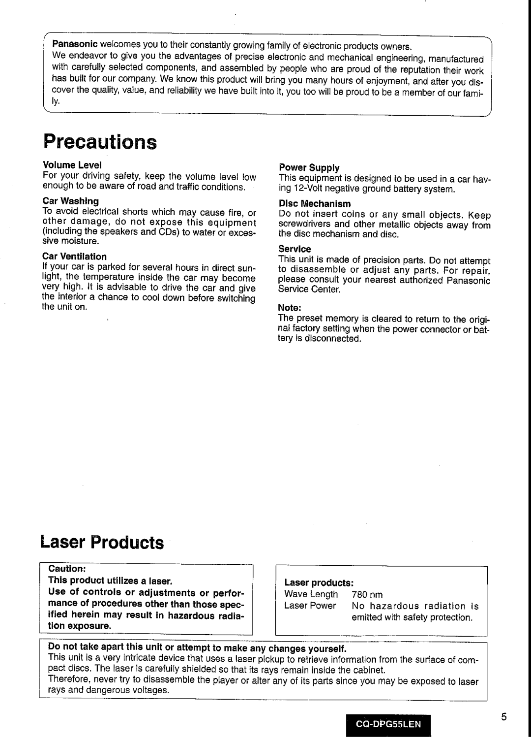 Panasonic cq-dpg55len manual 