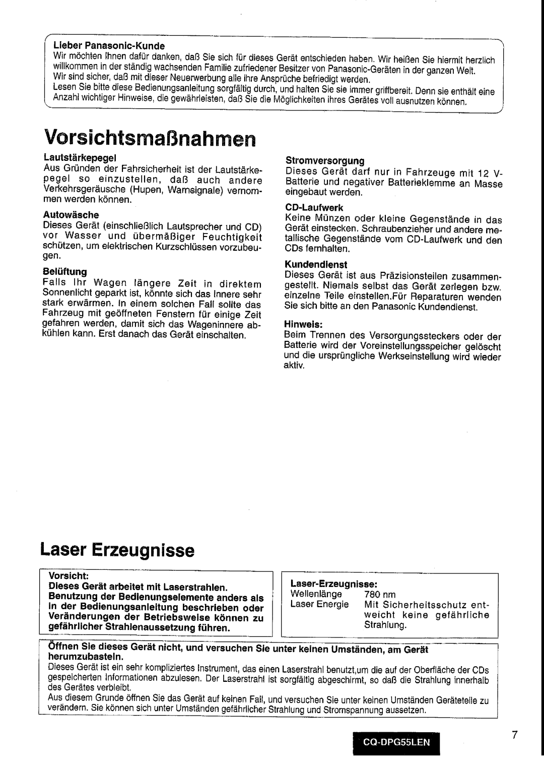 Panasonic cq-dpg55len manual 