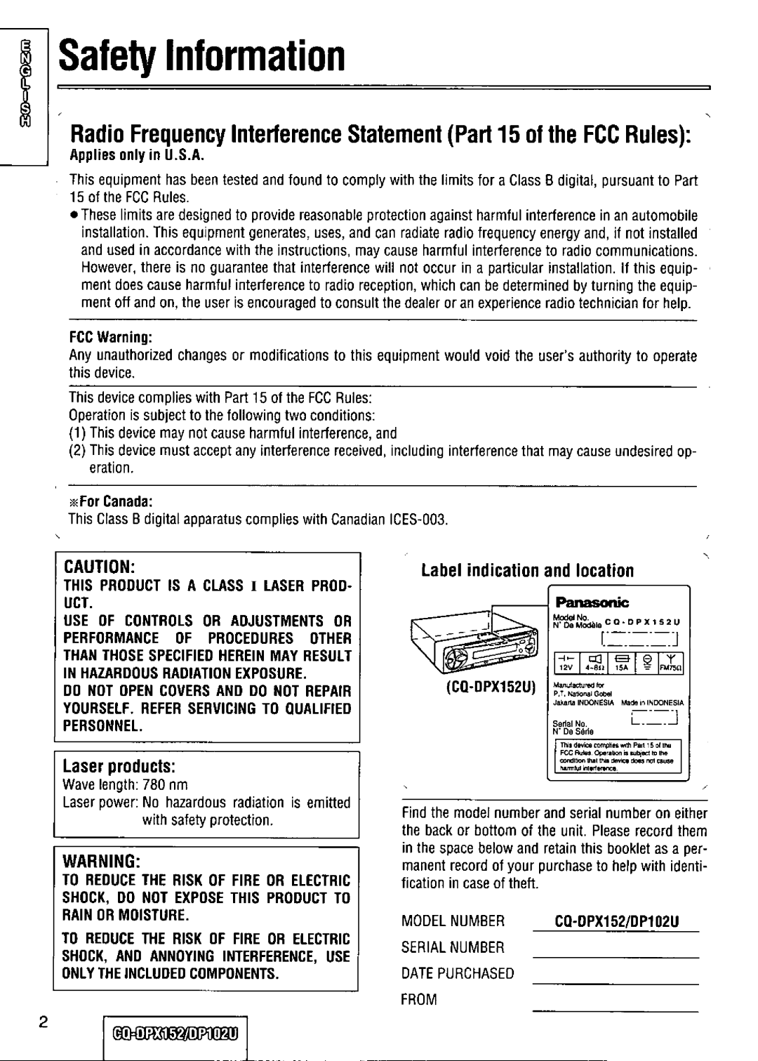Panasonic CQ-DPX152 manual 