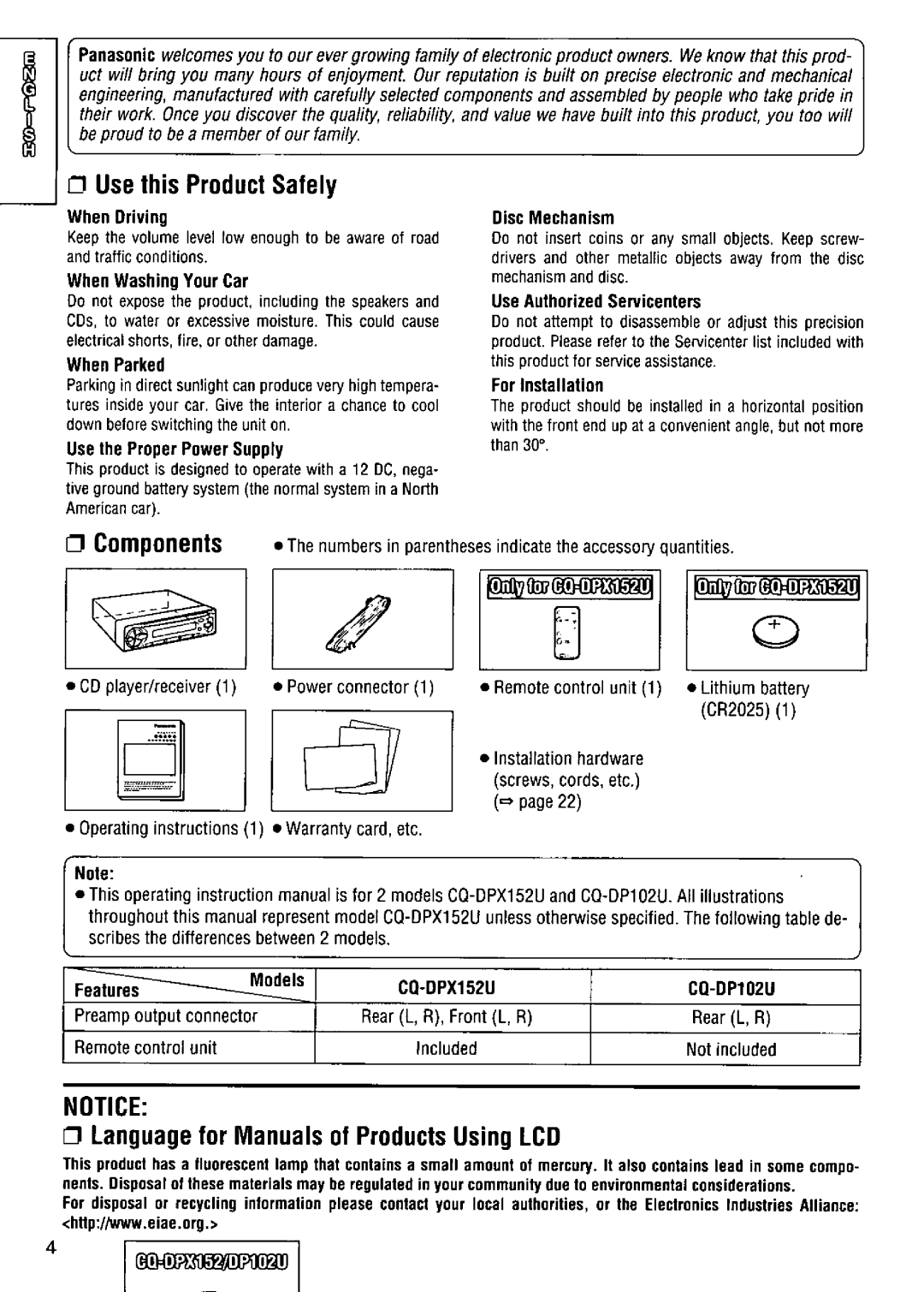 Panasonic CQ-DPX152 manual 
