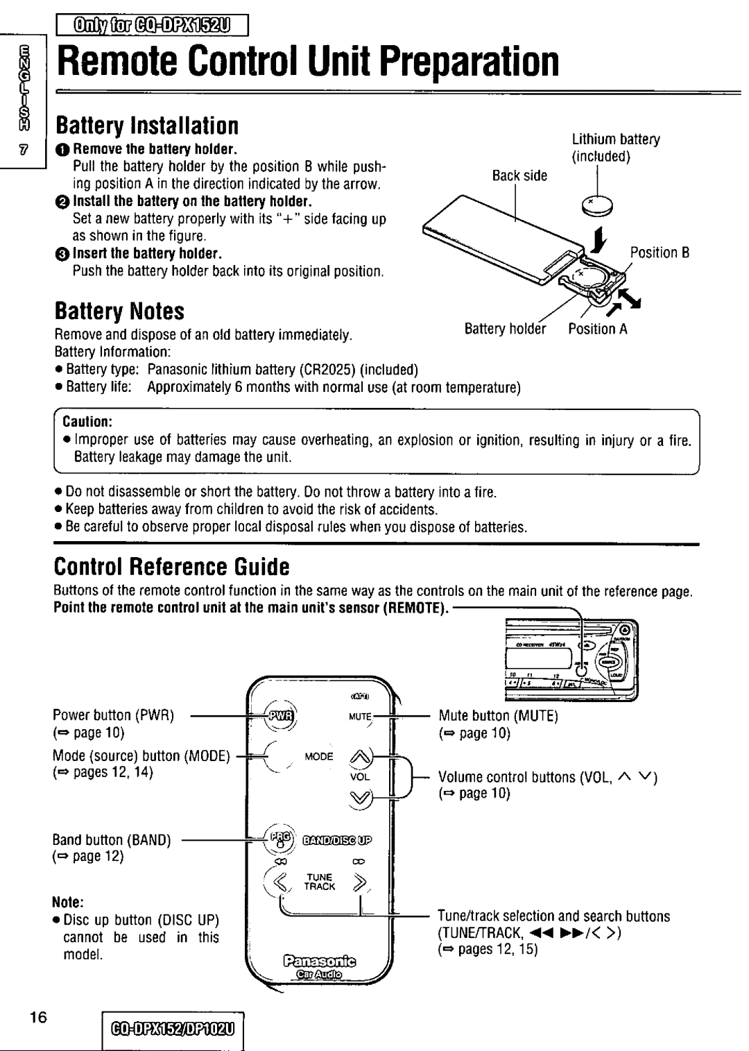 Panasonic CQ-DPX152 manual 