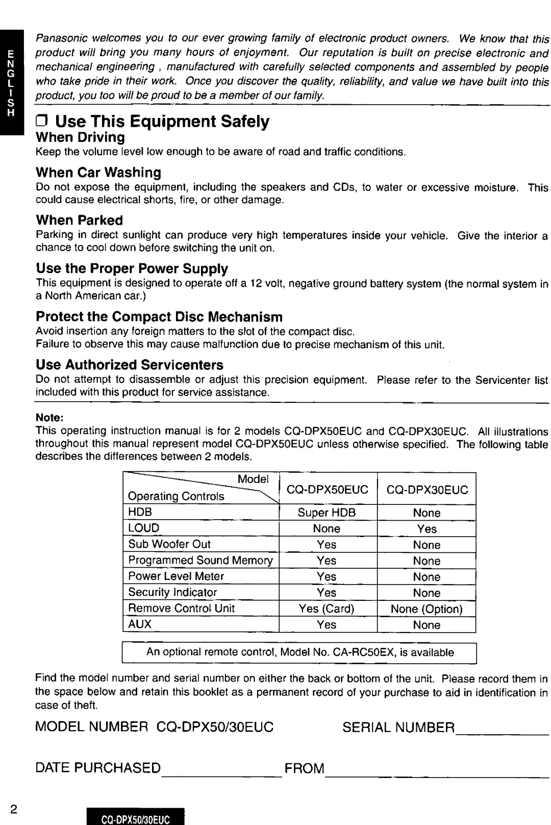 Panasonic CQ-DPX50, DPX30EUC manual 