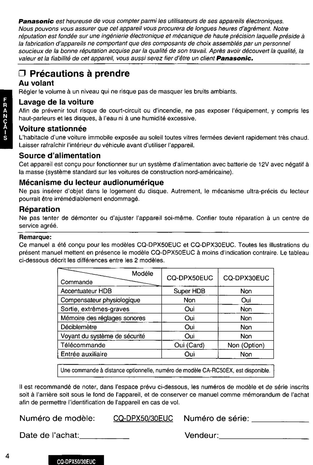 Panasonic CQ-DPX50, DPX30EUC manual 