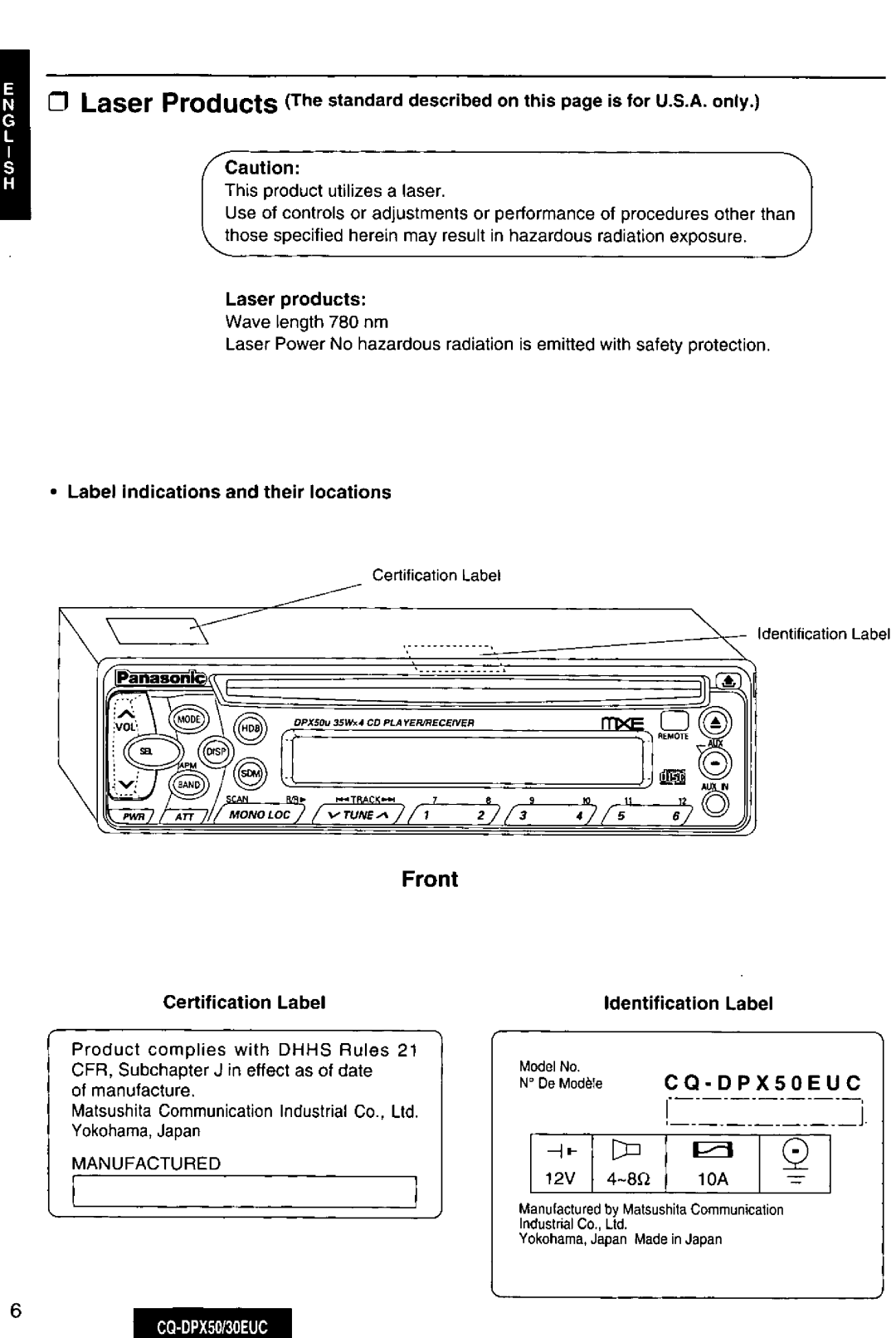 Panasonic CQ-DPX50, DPX30EUC manual 