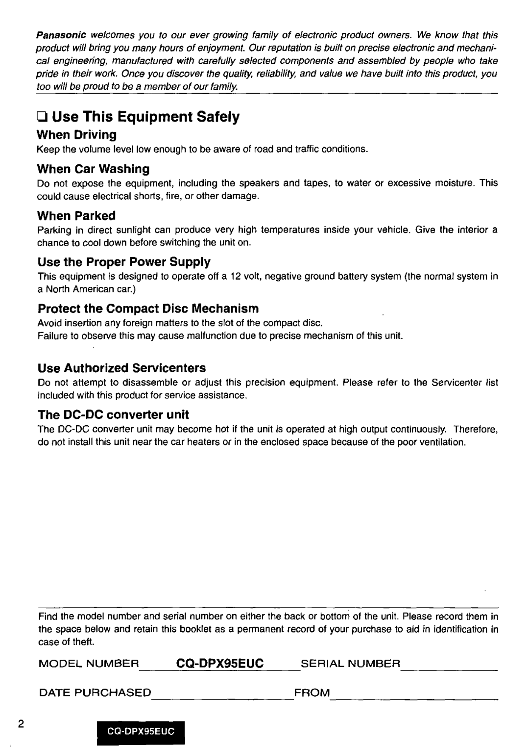 Panasonic CQ-DPX95EUC manual 