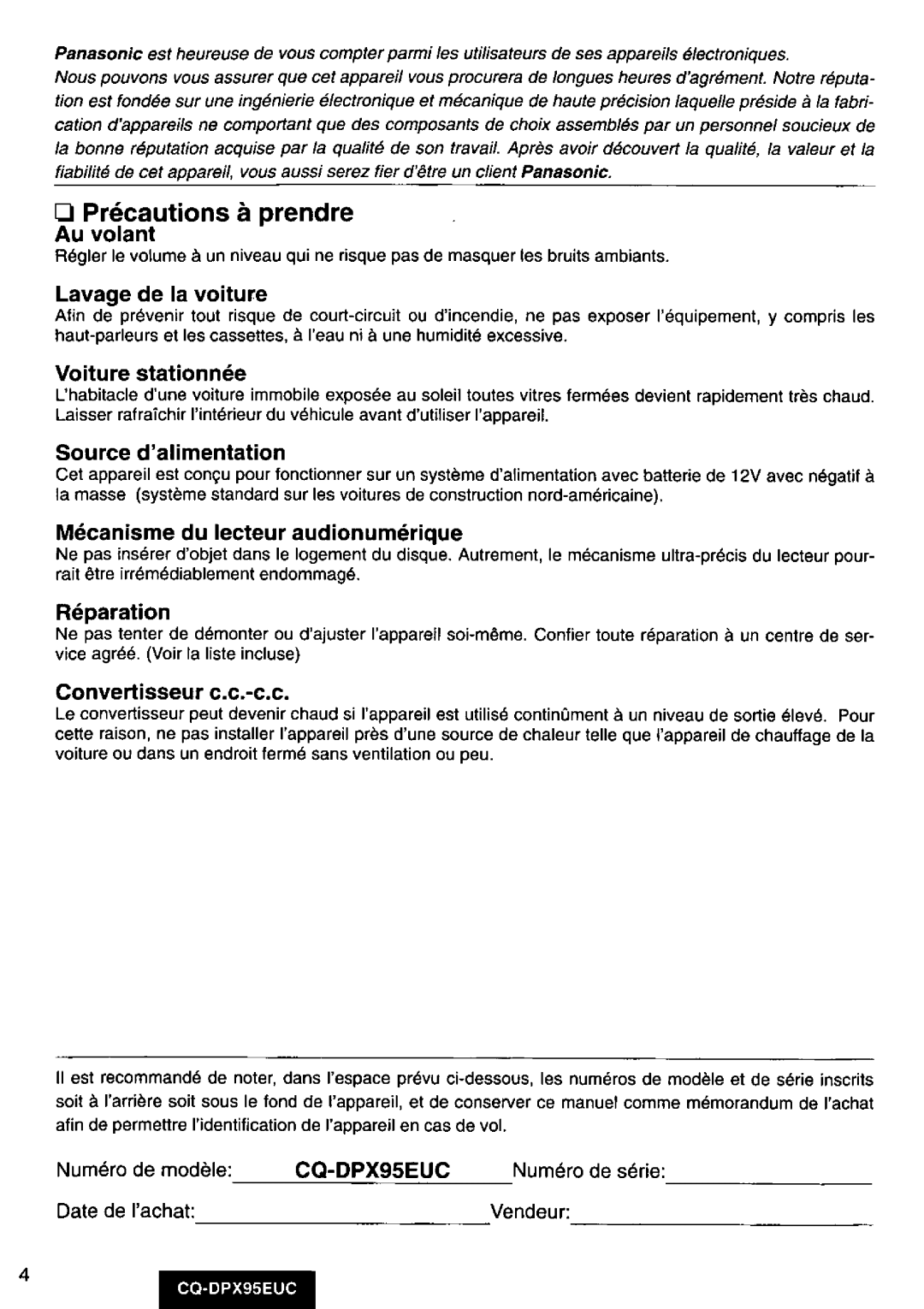 Panasonic CQ-DPX95EUC manual 