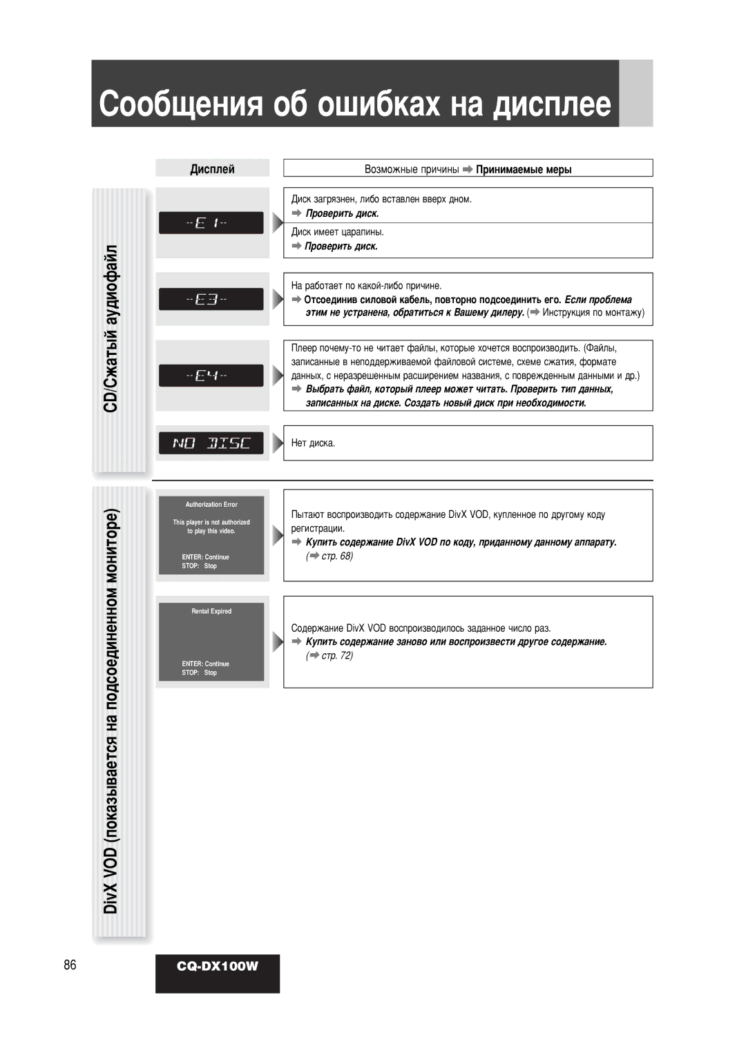 Panasonic CQ-DX100W manual ËÓÓ·˘ÂÌËﬂ Ó· Ó¯Ë·Í‡ı Ì‡ ‰ËÒÔÎÂÂ, CD/ëÊ‡Ú˚È ‡Û‰ËÓÙ‡ÈÎ 