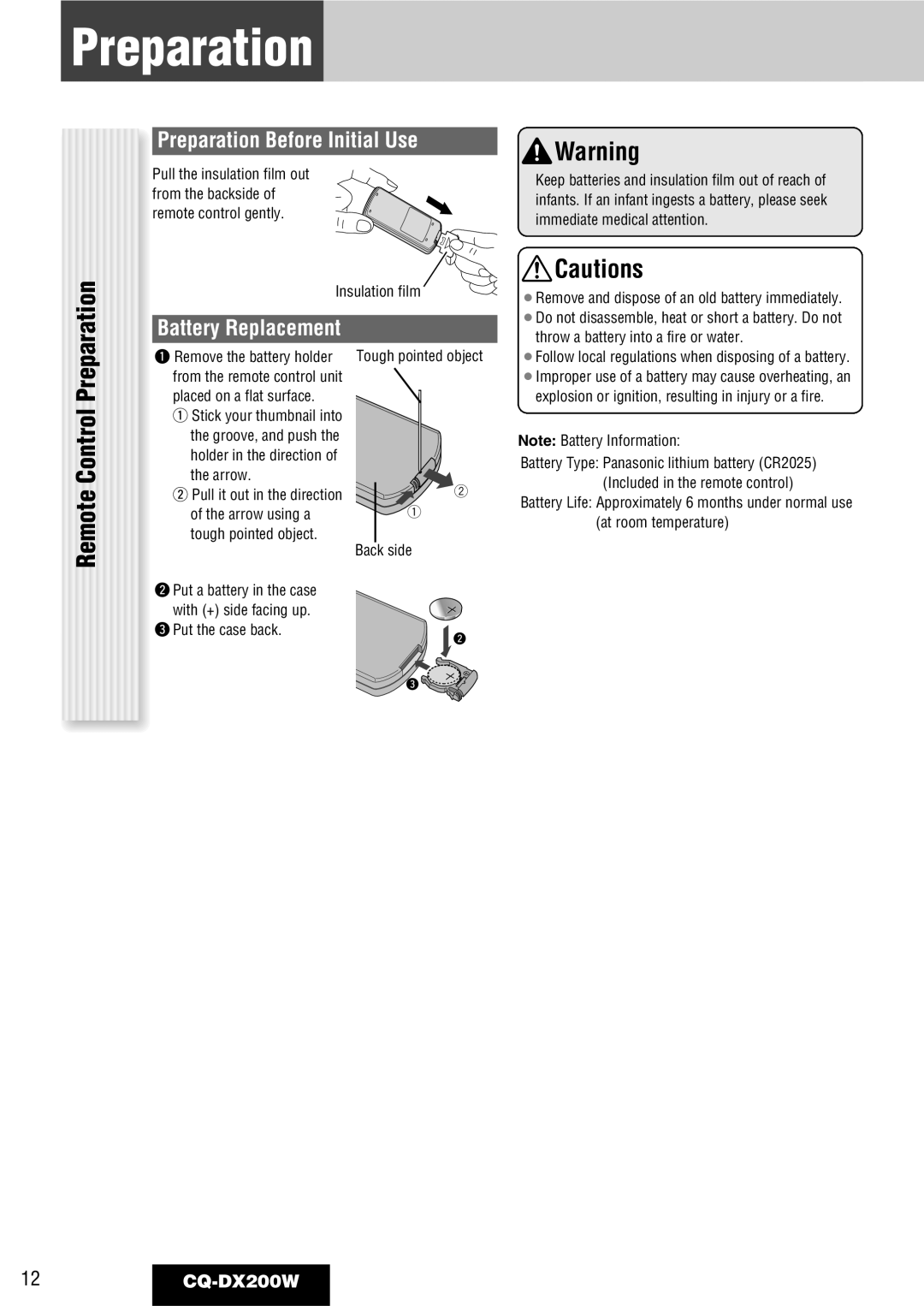 Panasonic CQ-DX200W manual Preparation Before Initial Use, Battery Replacement 