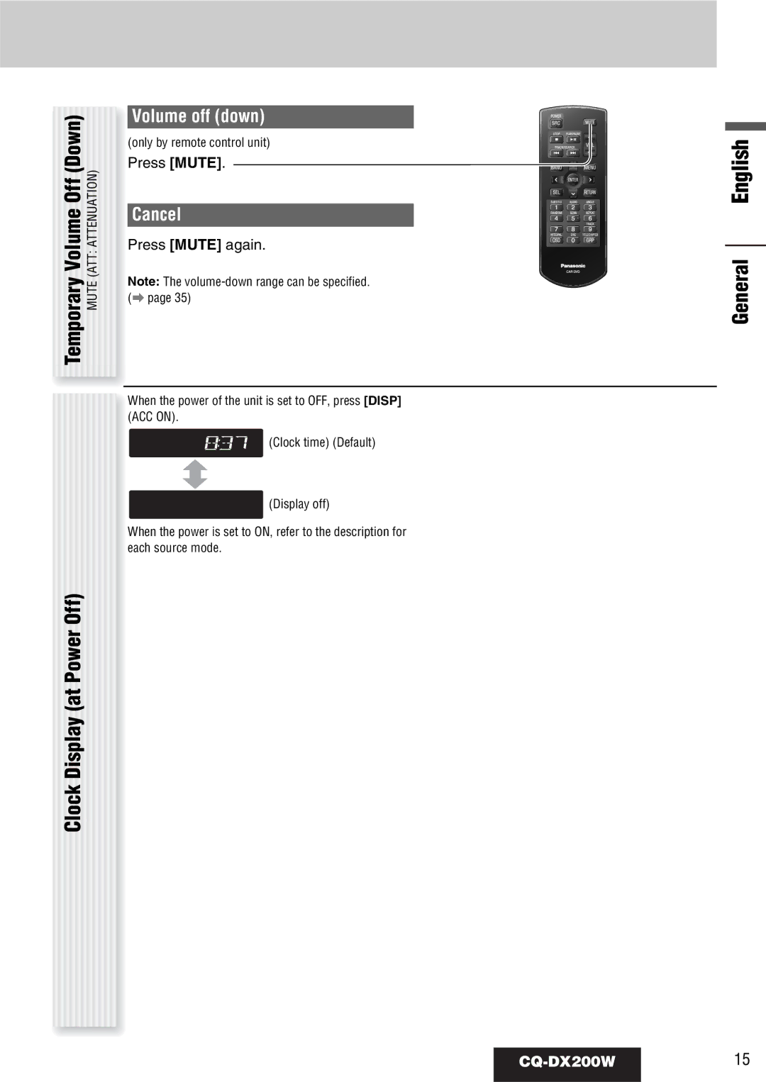 Panasonic CQ-DX200W manual Temporary Volume Off Down Clock Display at Power Off, General English, Volume off down, Cancel 