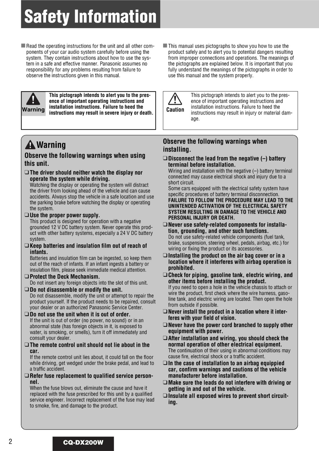 Panasonic CQ-DX200W manual Safety Information 