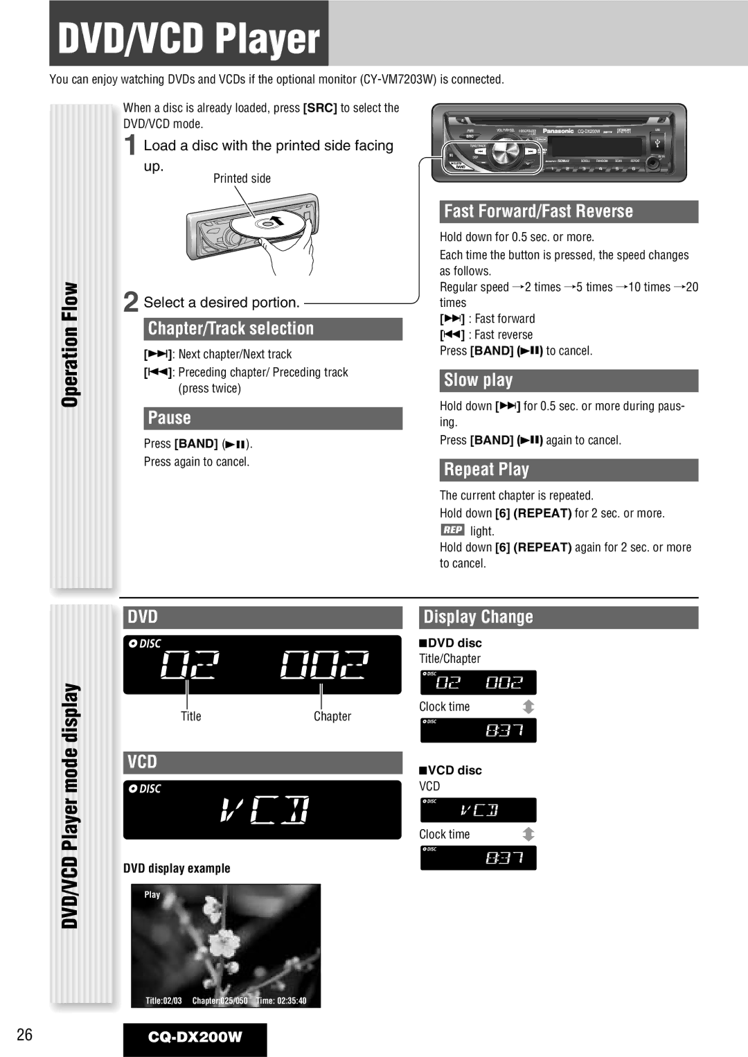 Panasonic CQ-DX200W manual DVD/VCD Player, Flow, Mode 