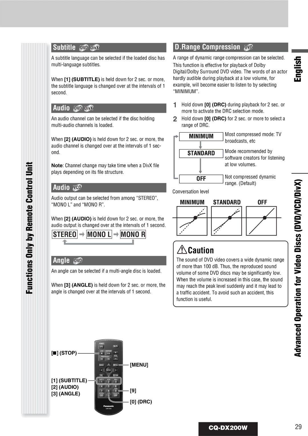 Panasonic CQ-DX200W manual Subtitle DVD DivX, Range Compression DVD, Audio VCD, Angle DVD 