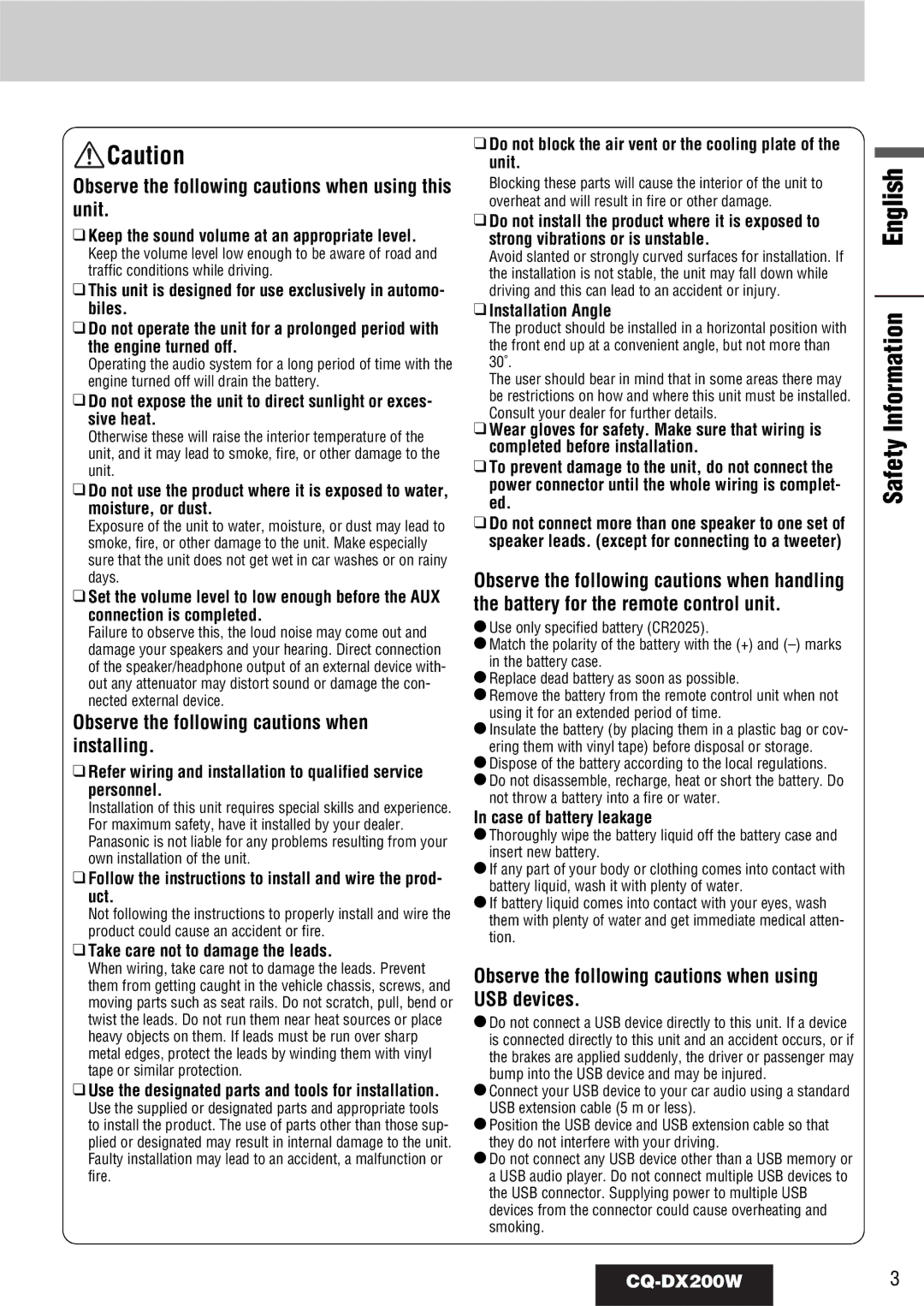 Panasonic CQ-DX200W manual Safety Information English 