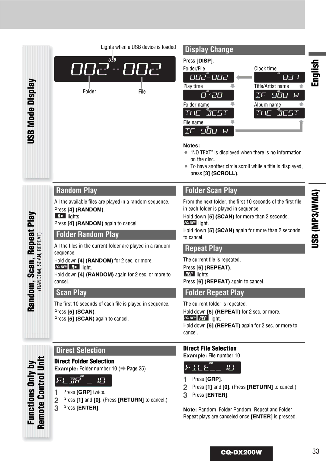 Panasonic CQ-DX200W manual Unit, Folder Random Play, Folder Scan Play 