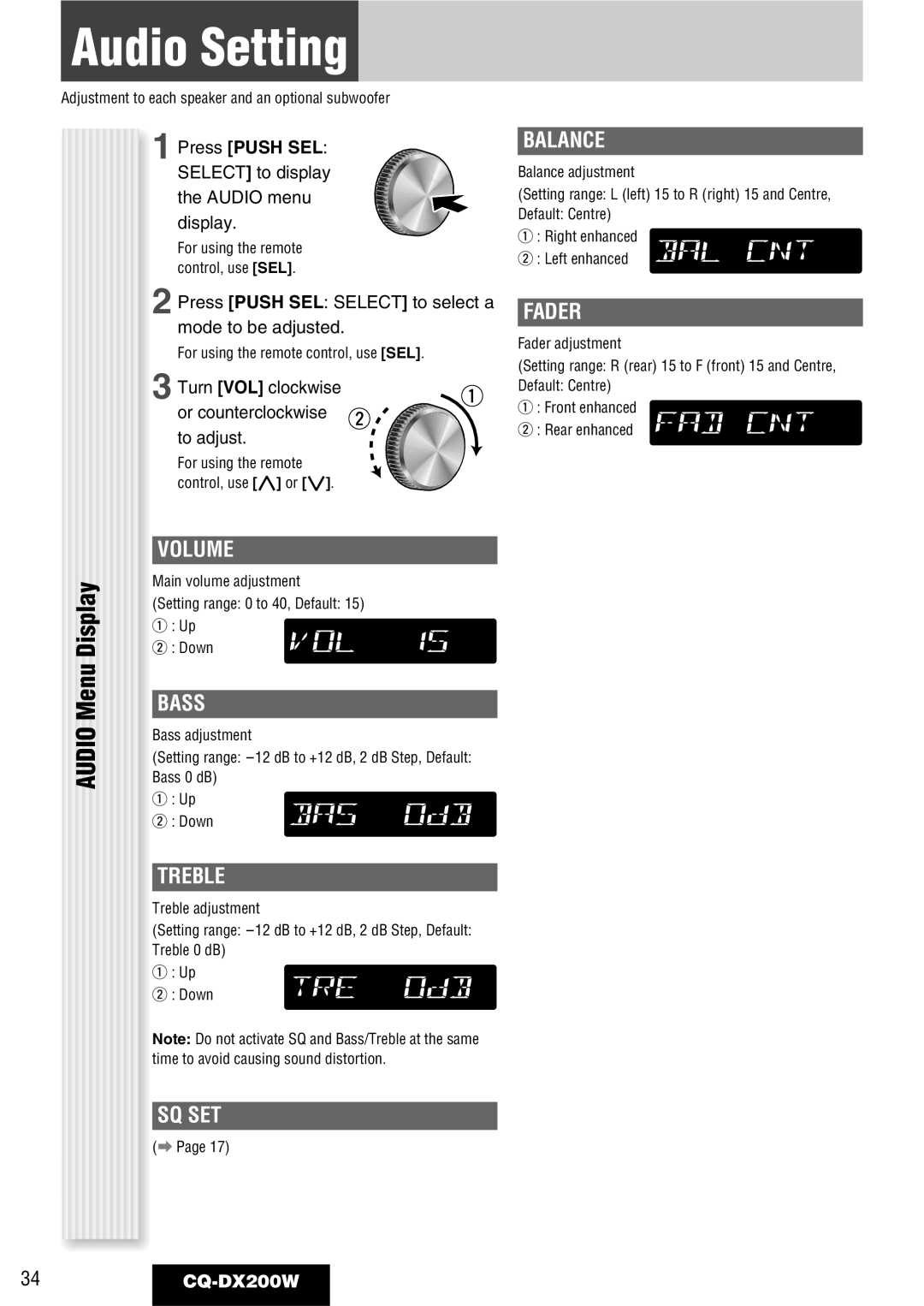 Panasonic CQ-DX200W manual Audio Setting, Press Push SEL, Select to display the Audio menu display 