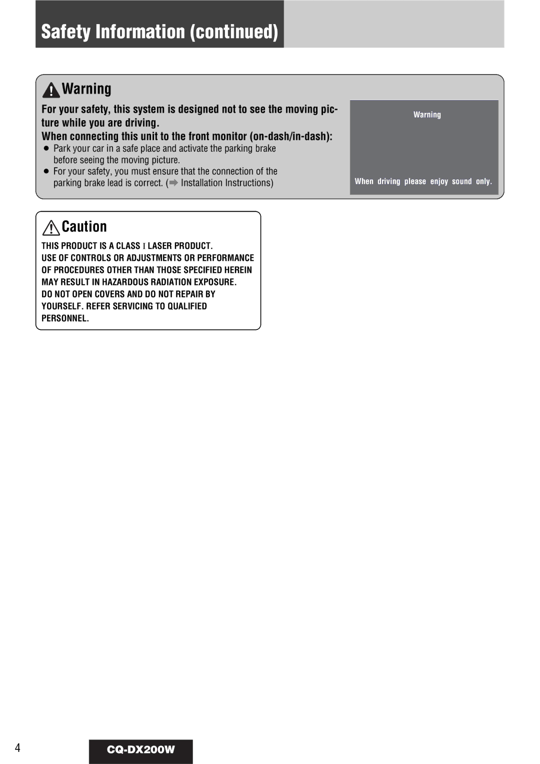 Panasonic CQ-DX200W manual Safety Information 