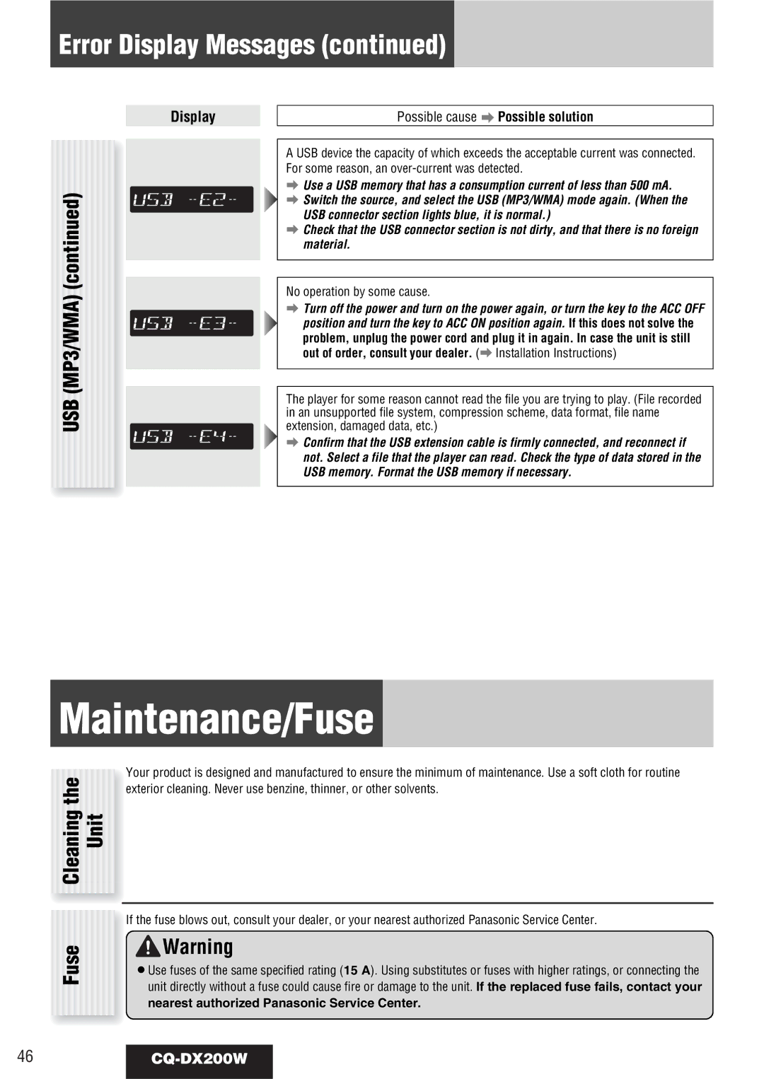 Panasonic CQ-DX200W manual Maintenance/Fuse, Nearest authorized Panasonic Service Center 