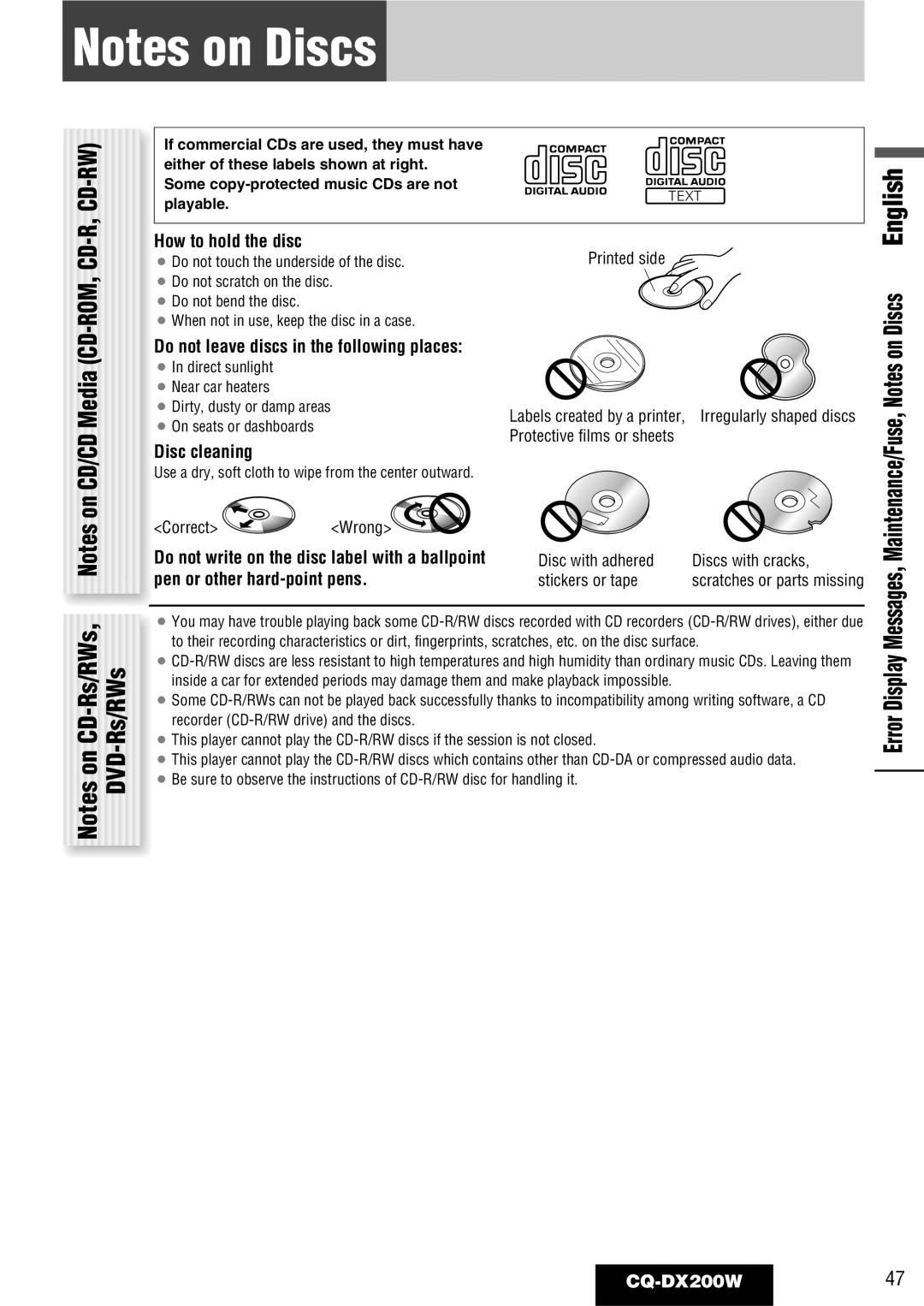 Panasonic CQ-DX200W manual How to hold the disc, Disc cleaning, Playable 