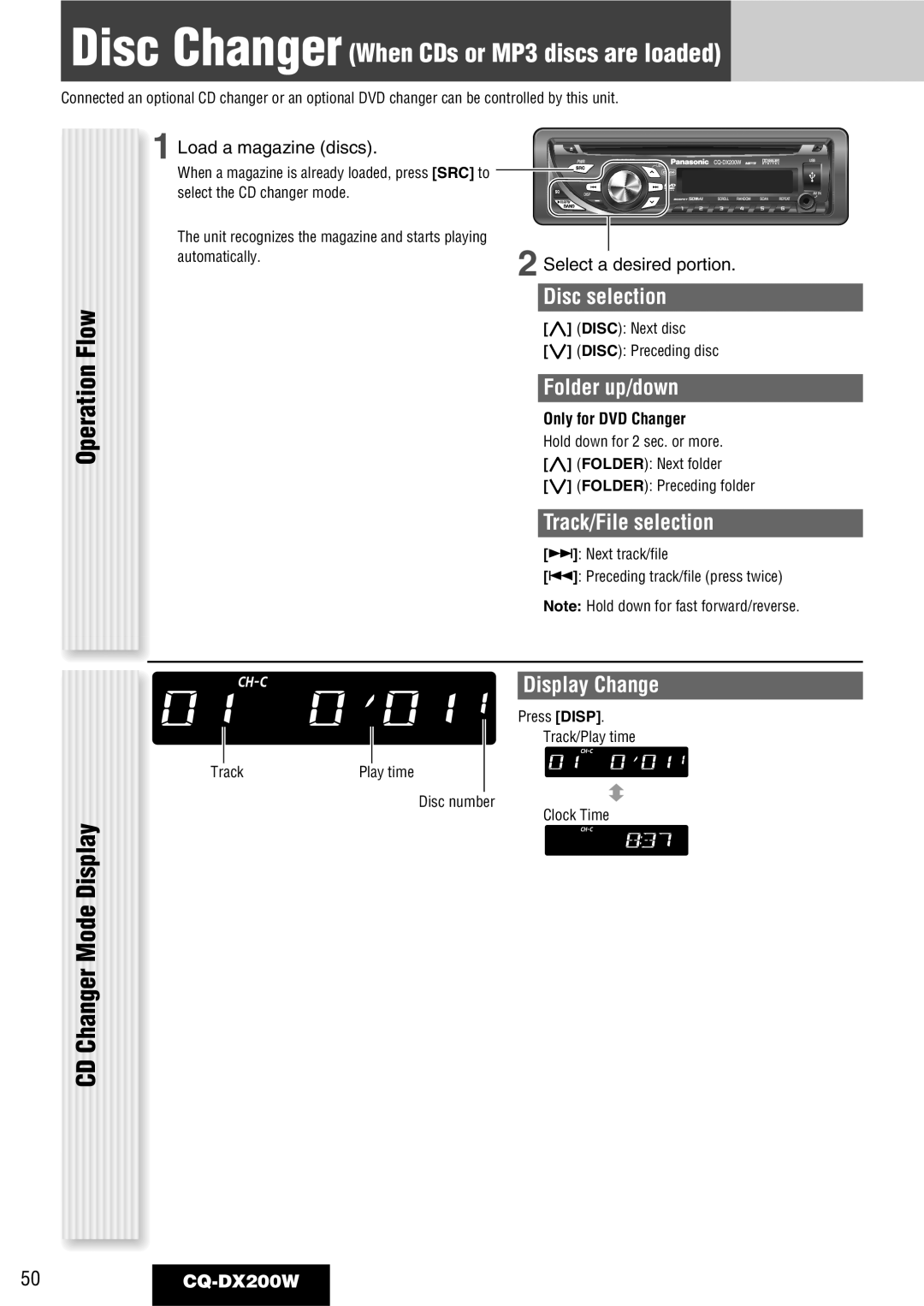 Panasonic CQ-DX200W manual Operation Flow CD Changer Mode Display, Disc selection, Folder up/down, Track/File selection 