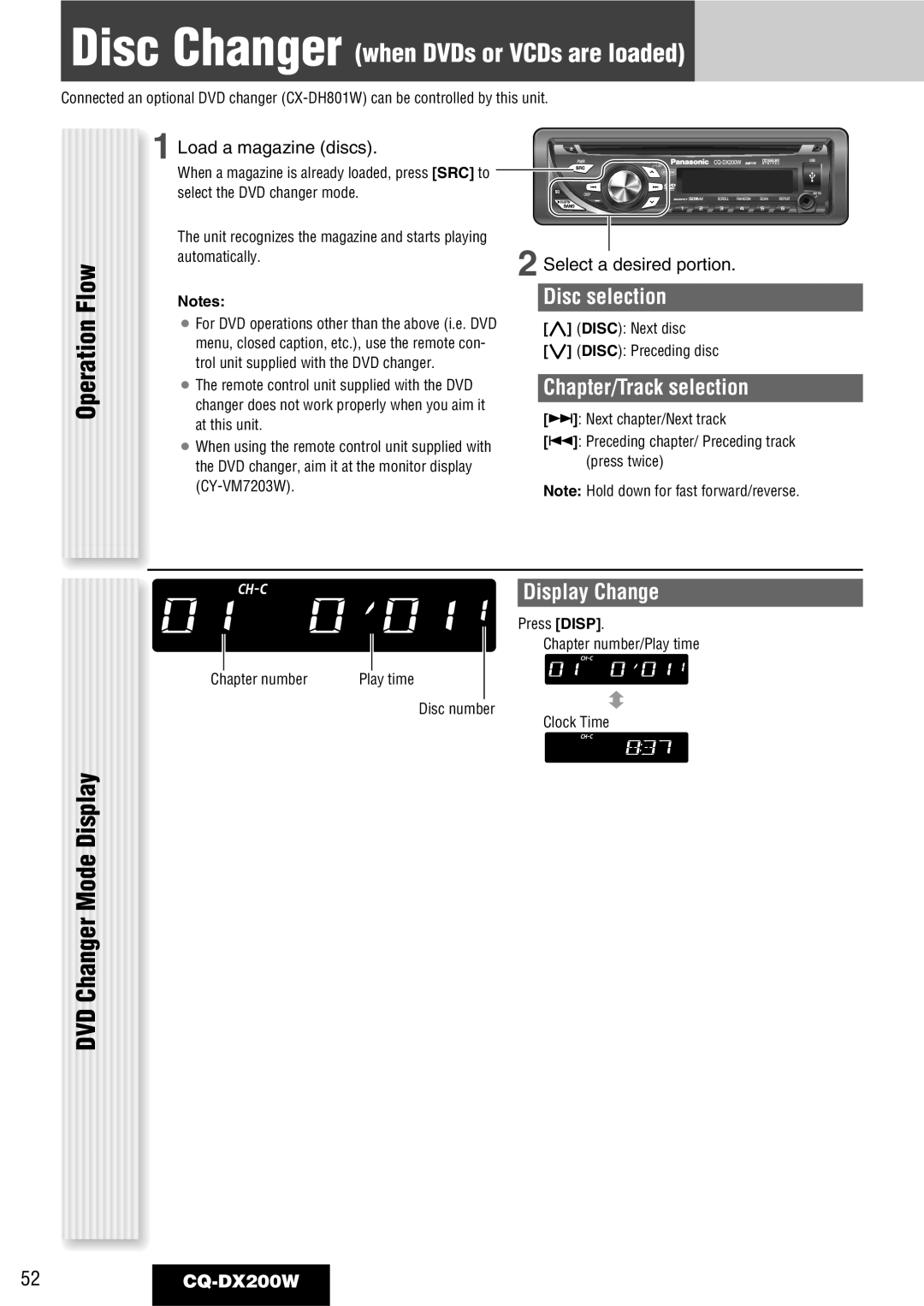 Panasonic CQ-DX200W manual Disc Changer when DVDs or VCDs are loaded, Operation Flow DVD Changer Mode Display 