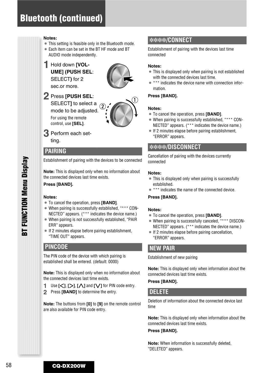 Panasonic CQ-DX200W manual BT Function Menu Display, Press Push SEL Select to select a mode to be adjusted 