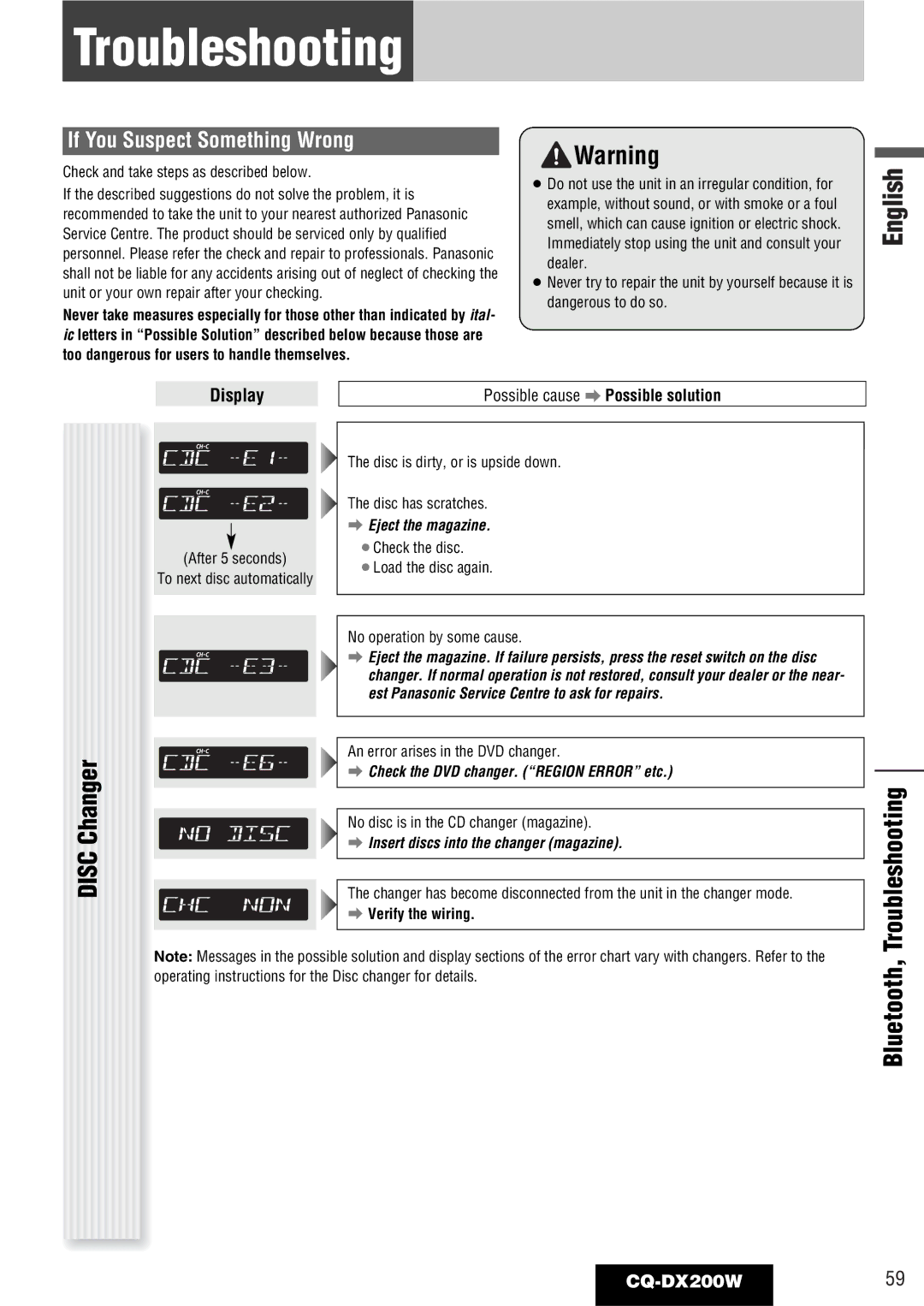 Panasonic CQ-DX200W manual Disc Changer, Verify the wiring 