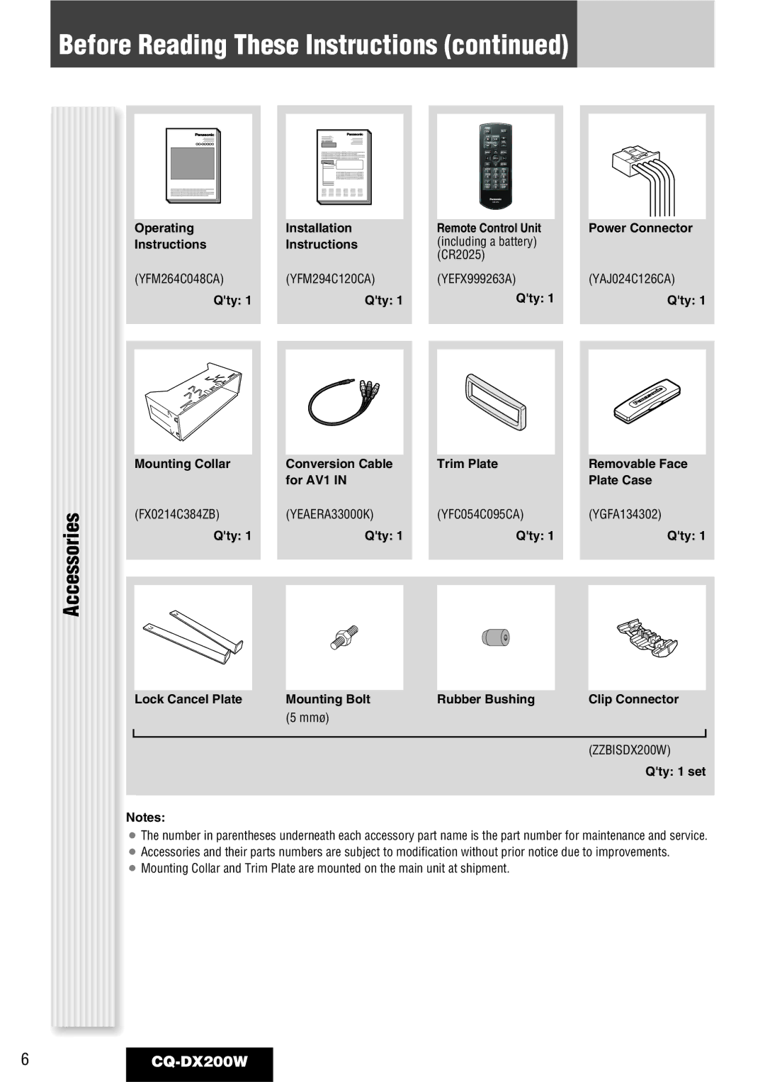 Panasonic CQ-DX200W manual Accessories, Operating Instructions, Installation Instructions, Qty 1 set 