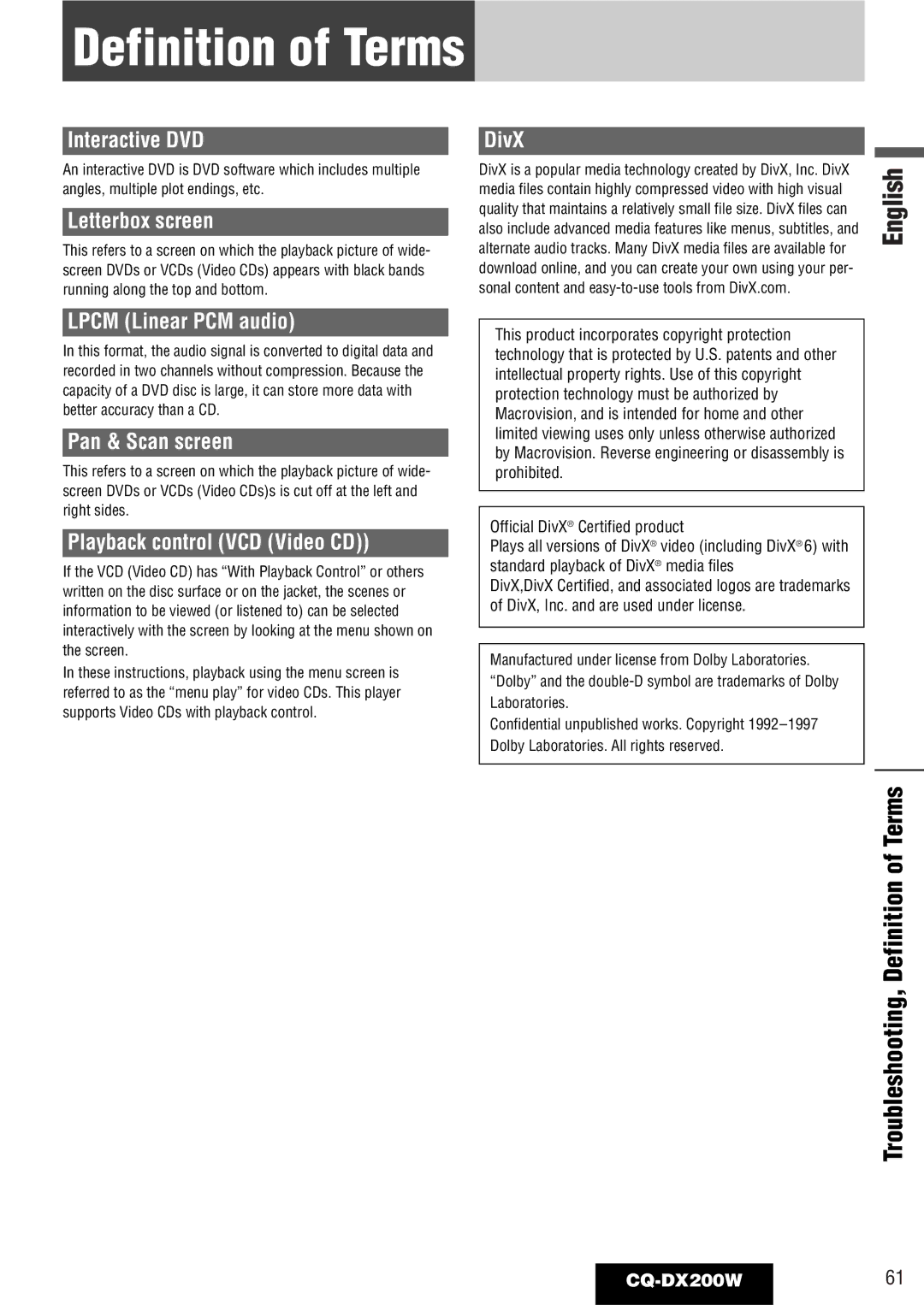 Panasonic CQ-DX200W manual Definition of Terms 