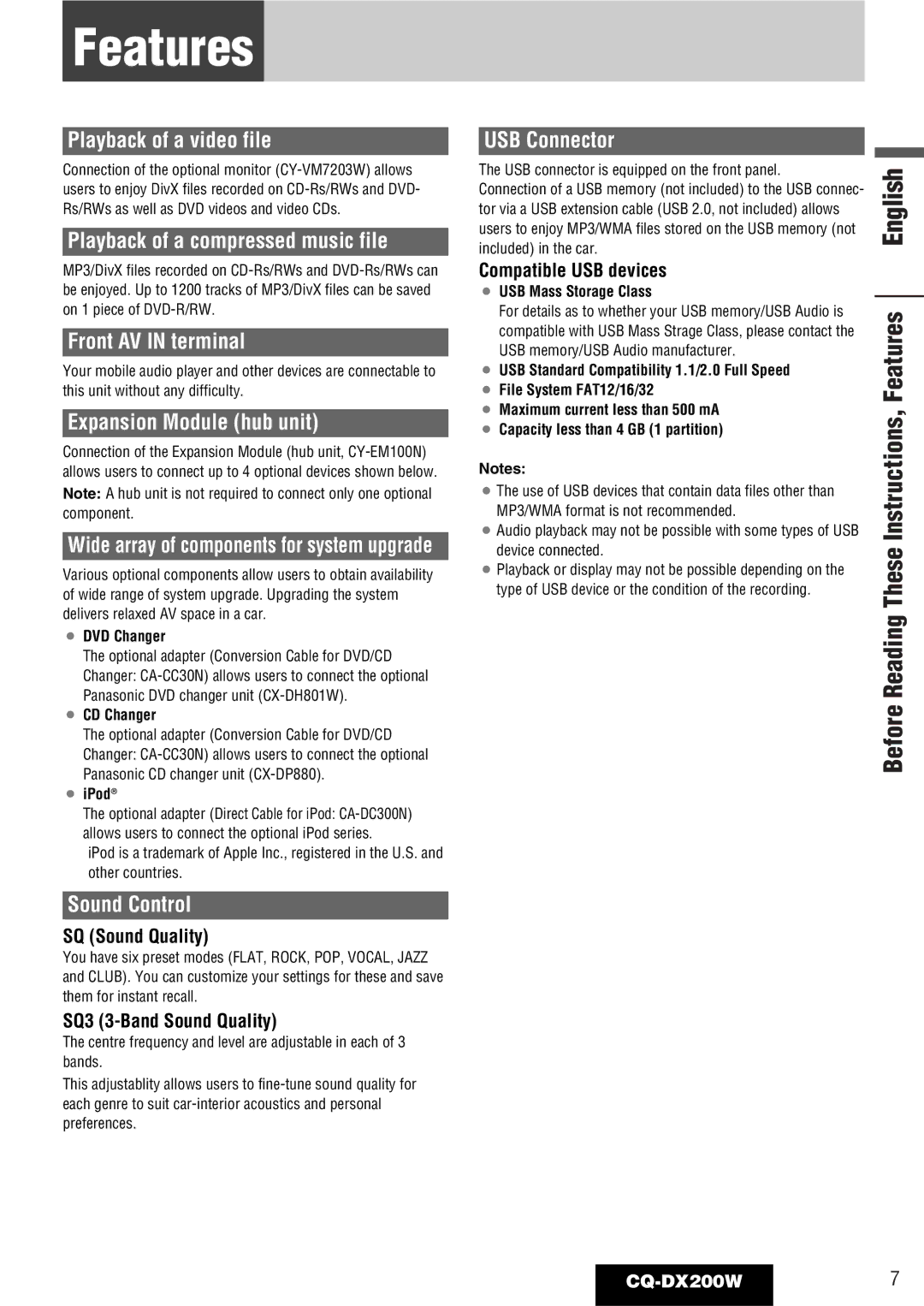 Panasonic CQ-DX200W manual Before Reading These Instructions, Features English 