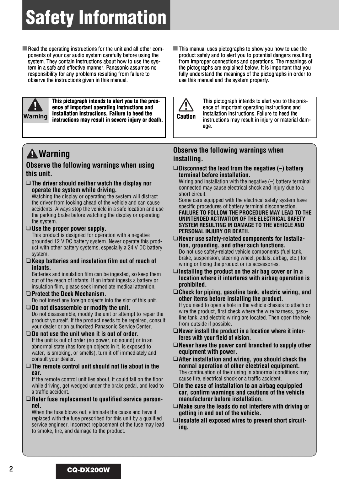 Panasonic CQ-DX200W Safety Information, Observe the following warnings when using this unit, Use the proper power supply 