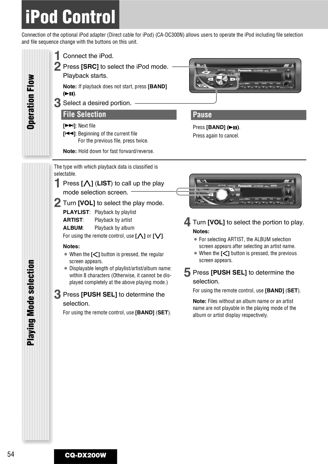 Panasonic CQ-DX200W manual iPod Control, Playing, Flow, Operation, Mode, File Selection, Pause 