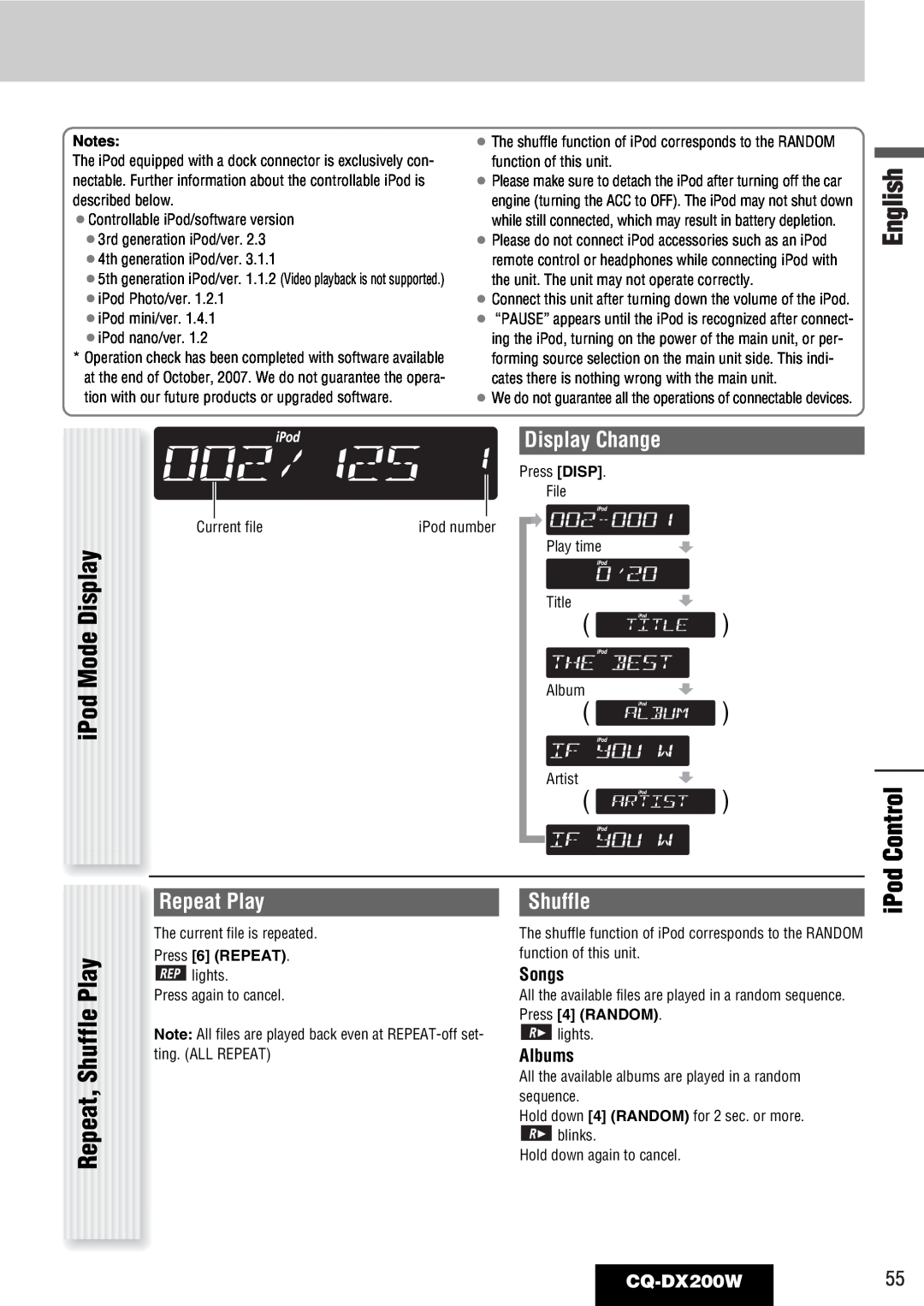 Panasonic CQ-DX200W manual iPod Mode Display, Control, Display Change, Repeat Play, Repeat, Shuffle, Songs, Albums 