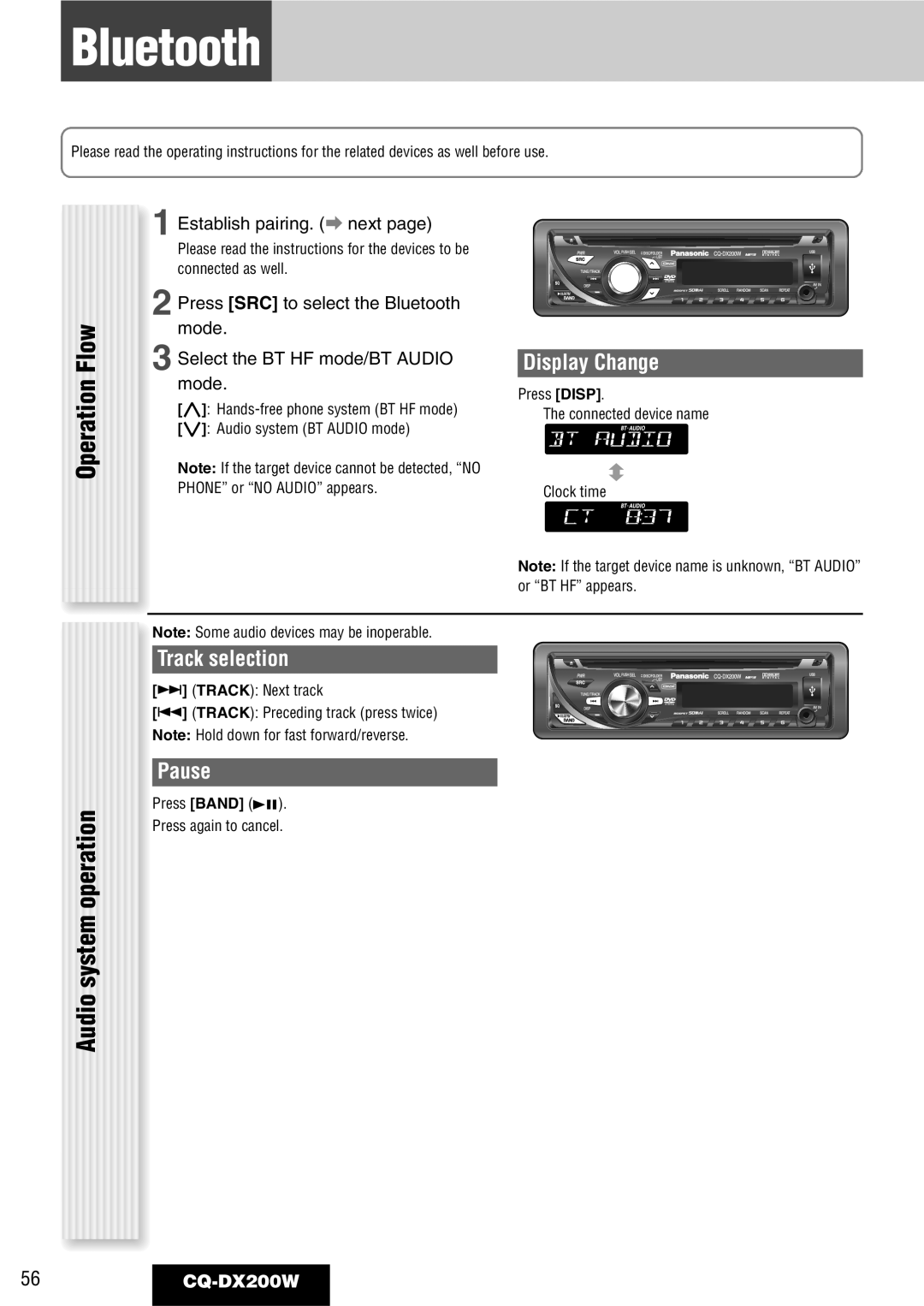 Panasonic CQ-DX200W Bluetooth, Flow, Operation, Display Change, Track selection, Pause, Establish pairing. a next page 