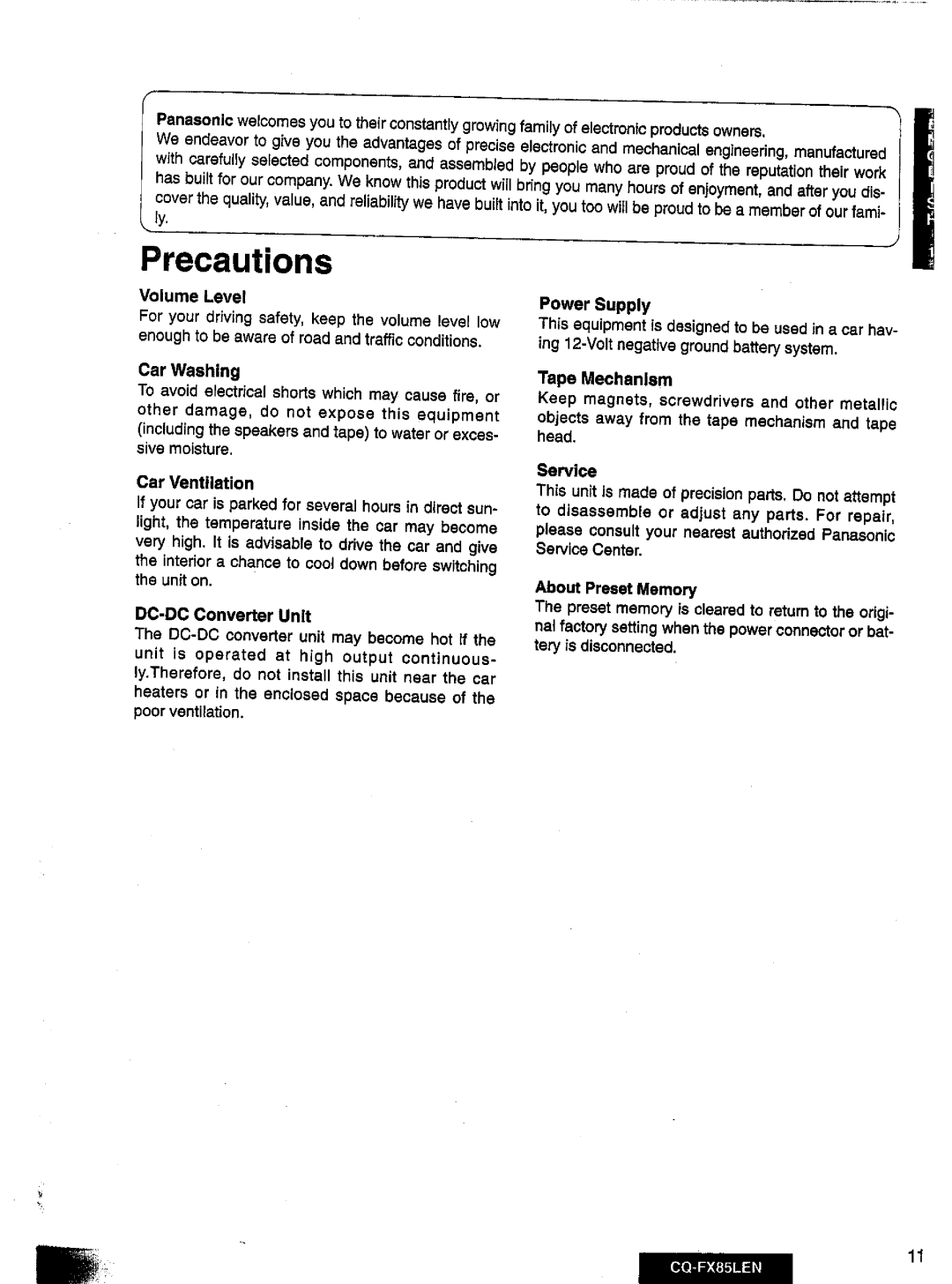 Panasonic CQ-FX85LEN manual 