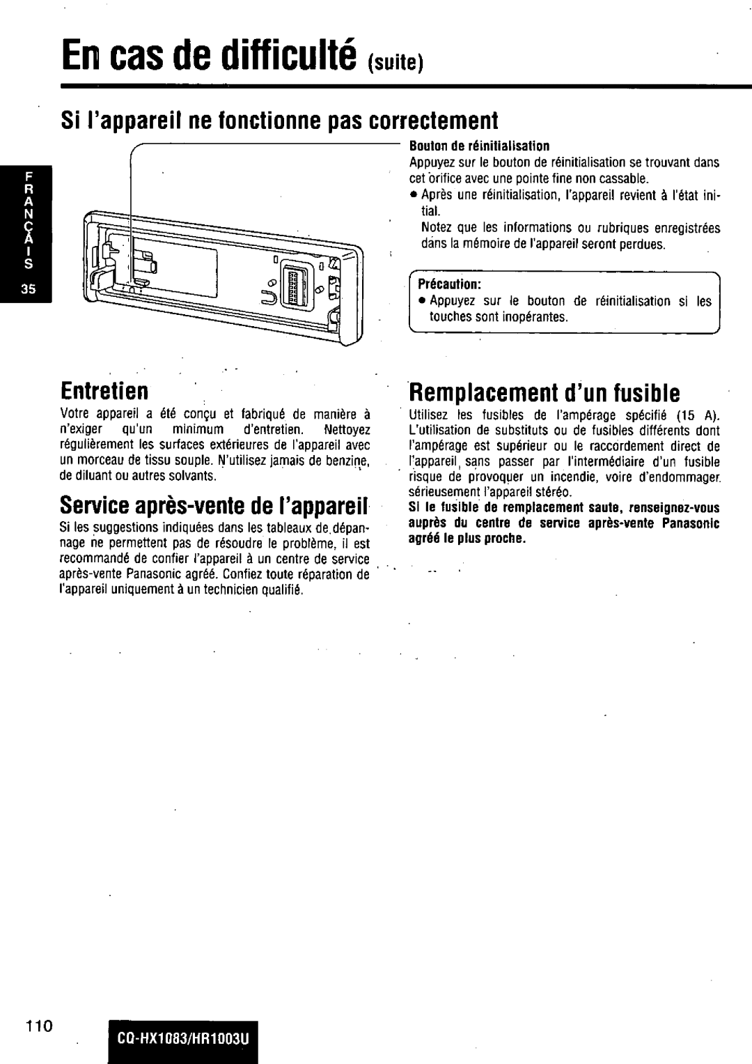 Panasonic CQ-HR1003U manual 