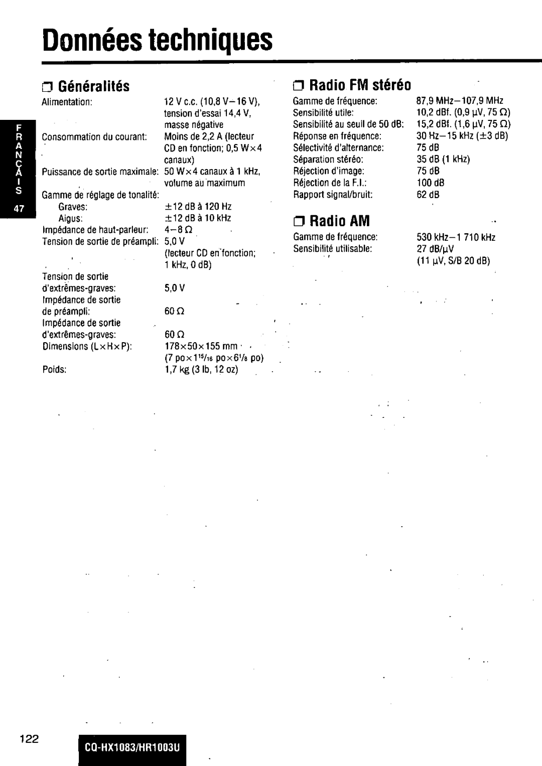 Panasonic CQ-HR1003U manual 