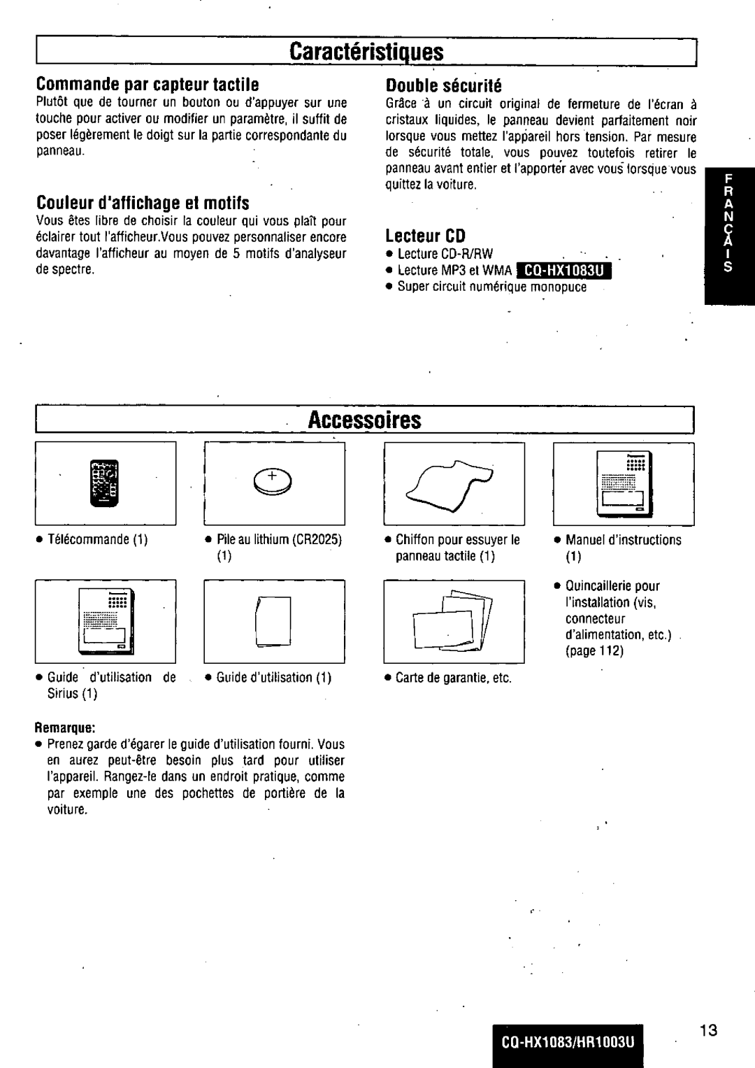 Panasonic CQ-HR1003U manual 