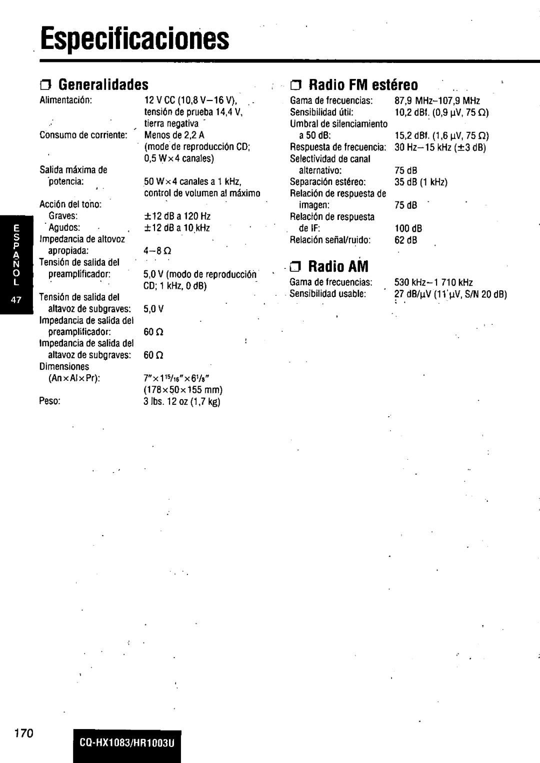 Panasonic CQ-HR1003U manual 